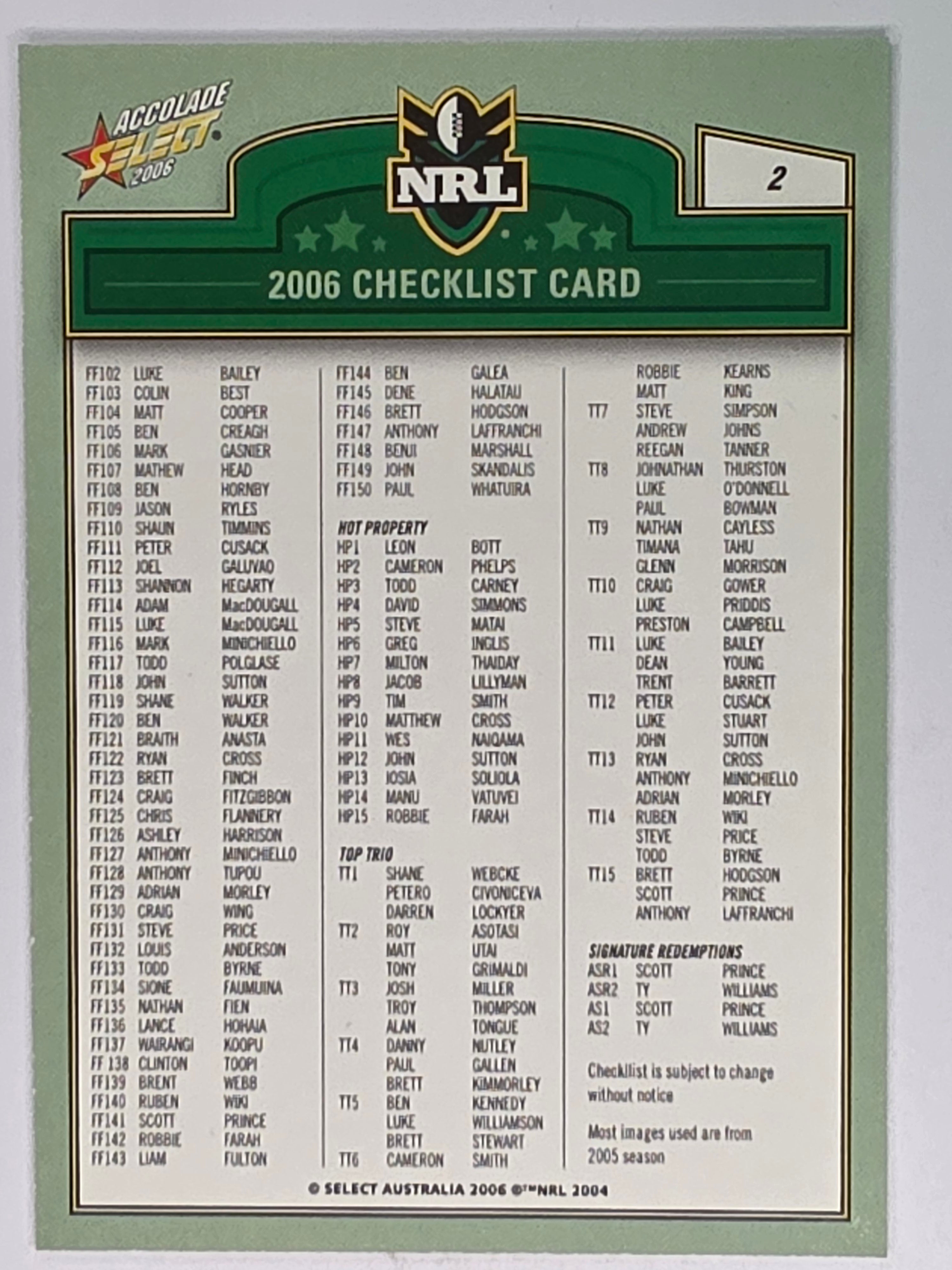 NRL 2006 Accolade Base Card #2 Checklist