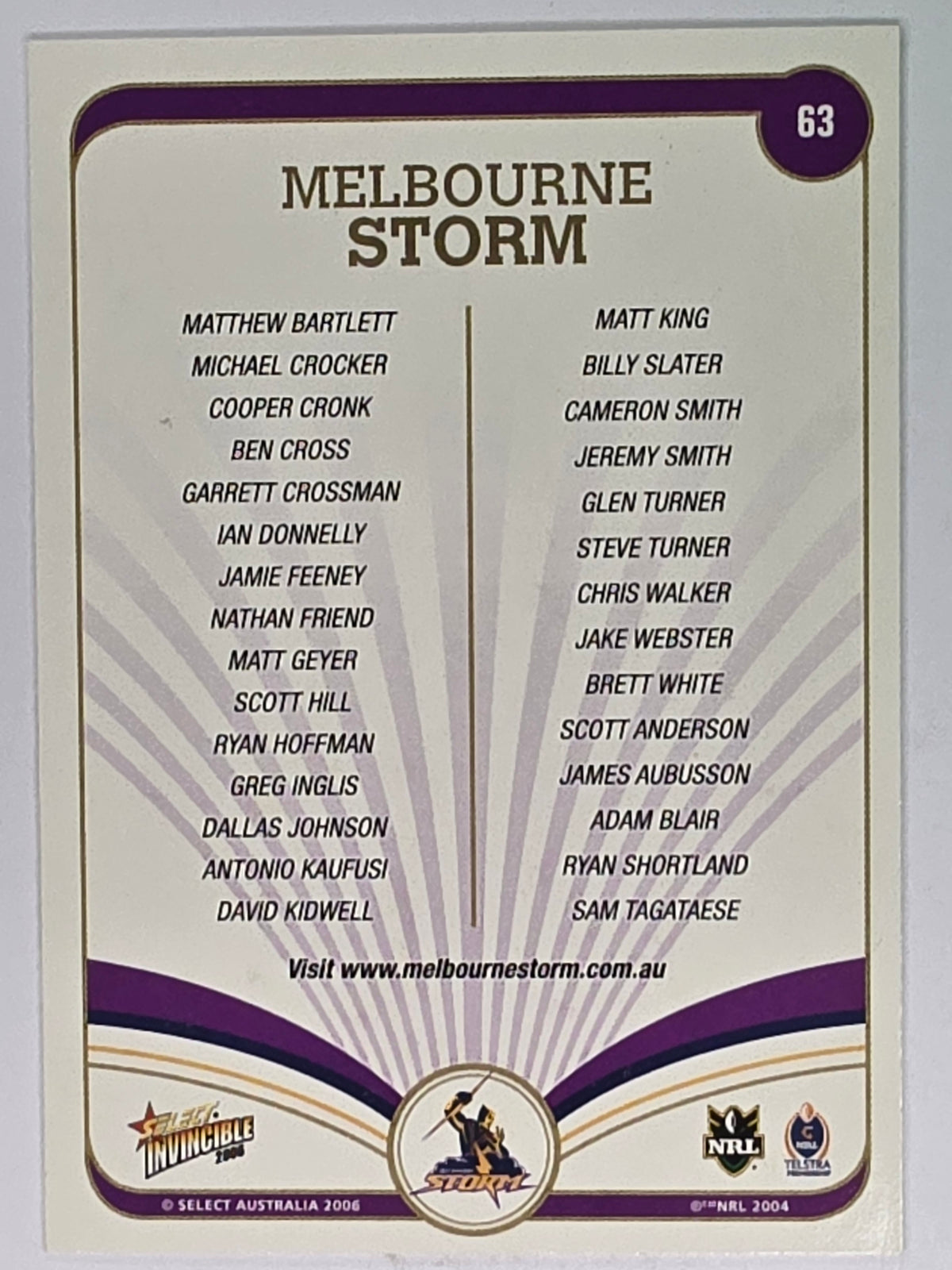 NRL 2006 Invincible Base Card #63 Melbourne Storm Logo