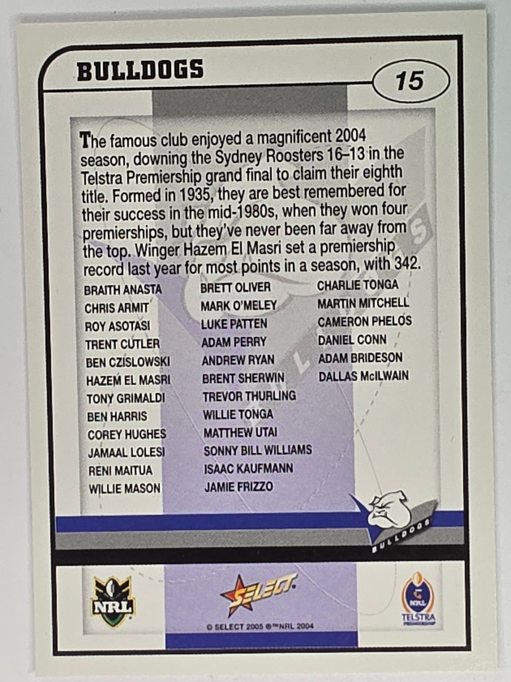 NRL 2005 Power Base Card #15 Canterbury Bankstown Bulldogs Logo