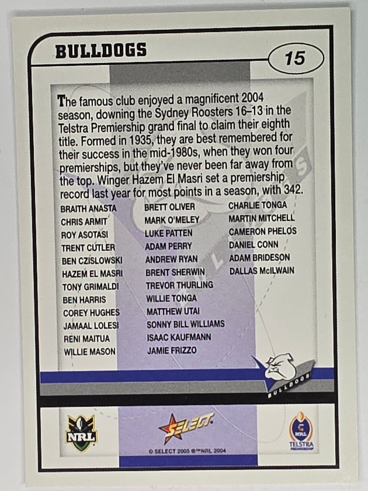 NRL 2005 Power Base Card #15 Canterbury Bankstown Bulldogs Logo
