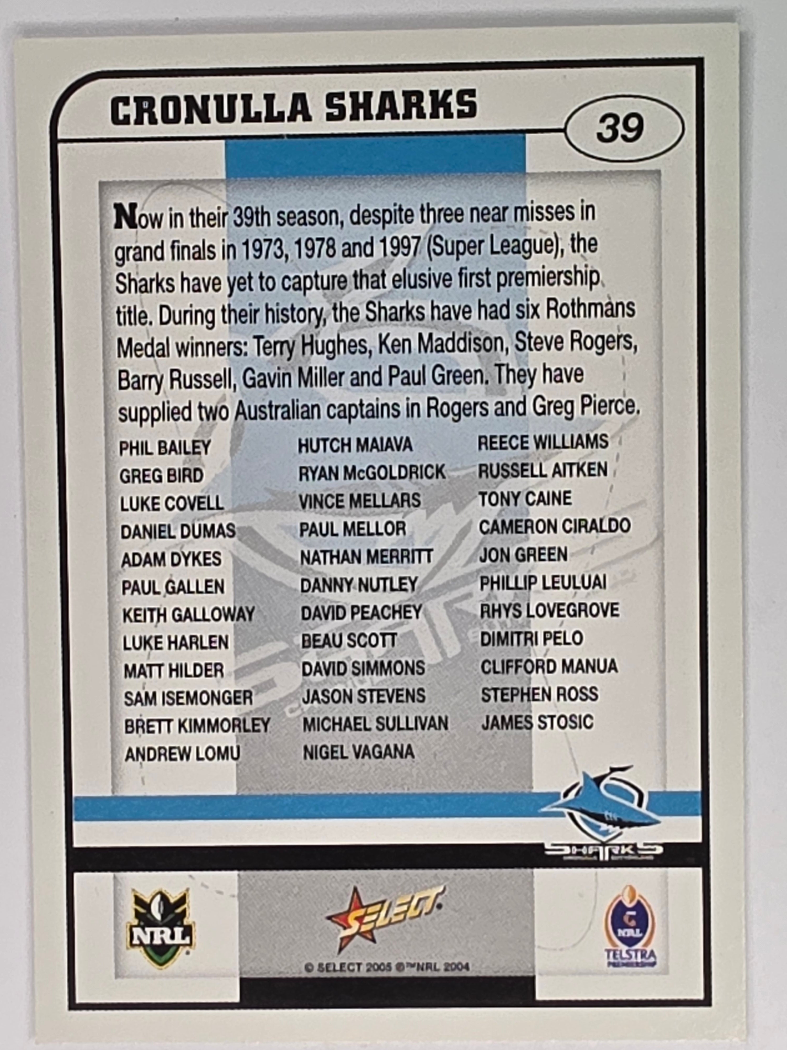 NRL 2005 Power Base Card #39 Cronulla Sutherland Sharks Logo