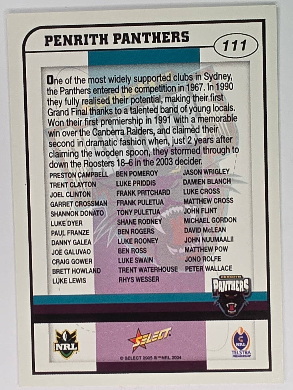 NRL 2005 Power Base Card #111 Penrith Panthers Logo