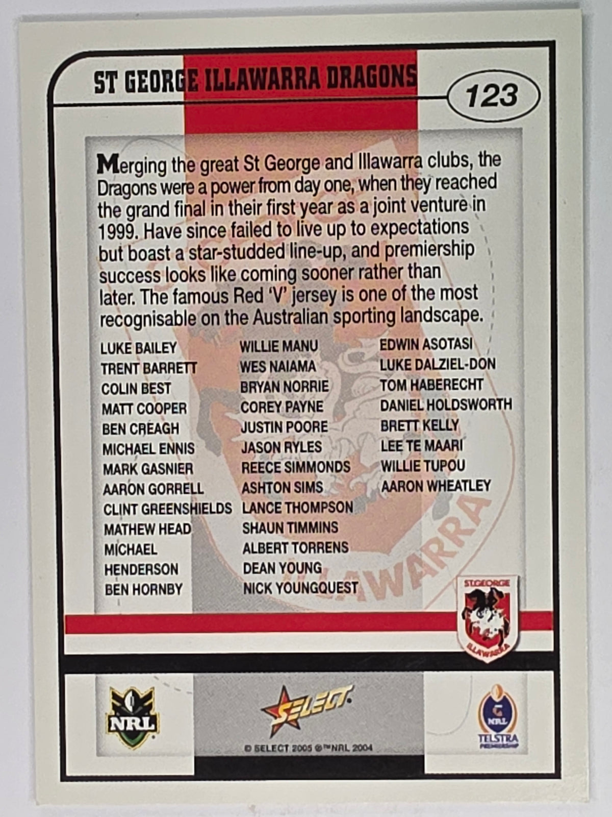 NRL 2005 Power Base Card #123 St George Illawarra Dragons Logo