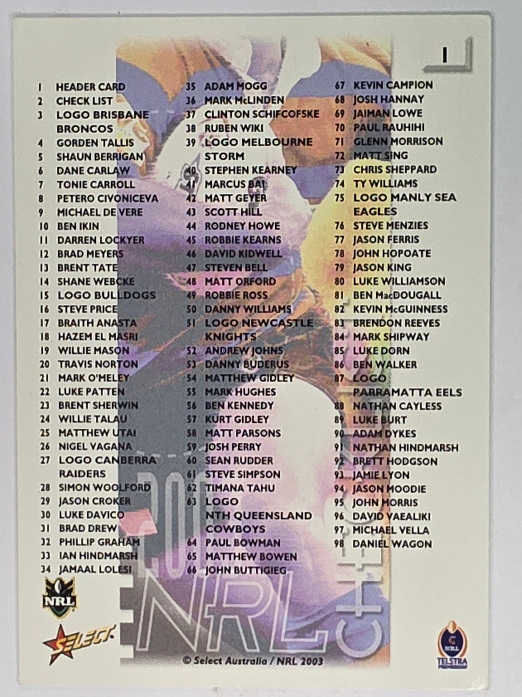 NRL 2003 Select XL Base Card #1 Header Card
