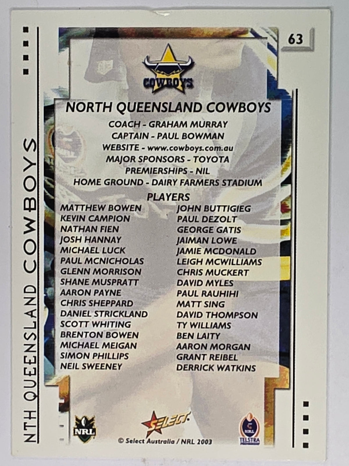 NRL 2003 Select XL Base Card #63 North Queensland Cowboys Logo
