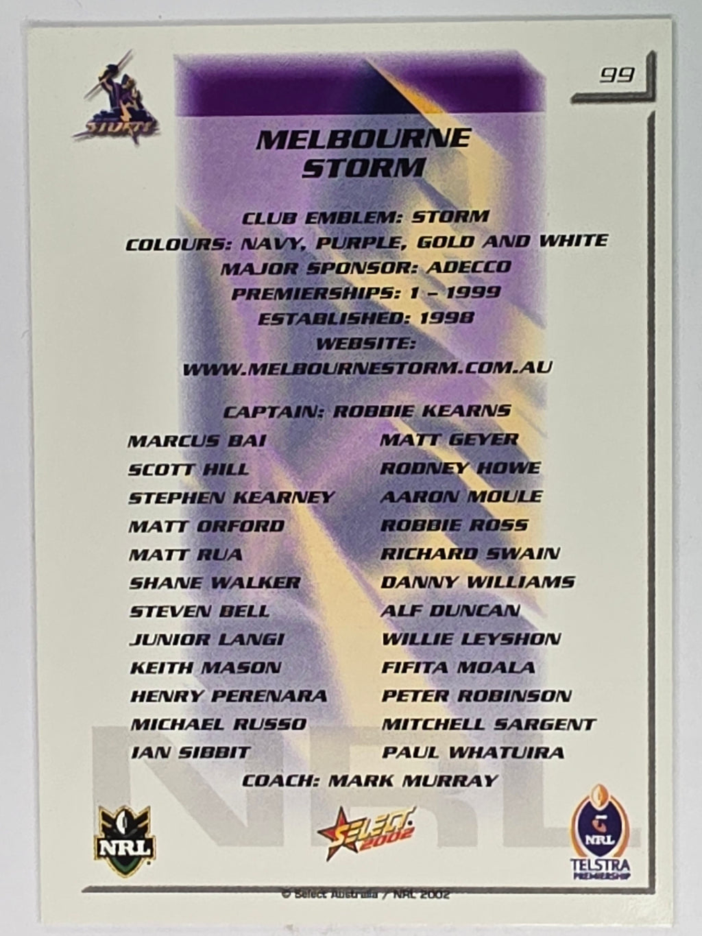 NRL 2002 Challenge Base Card #99 Melbourne Storm Logo