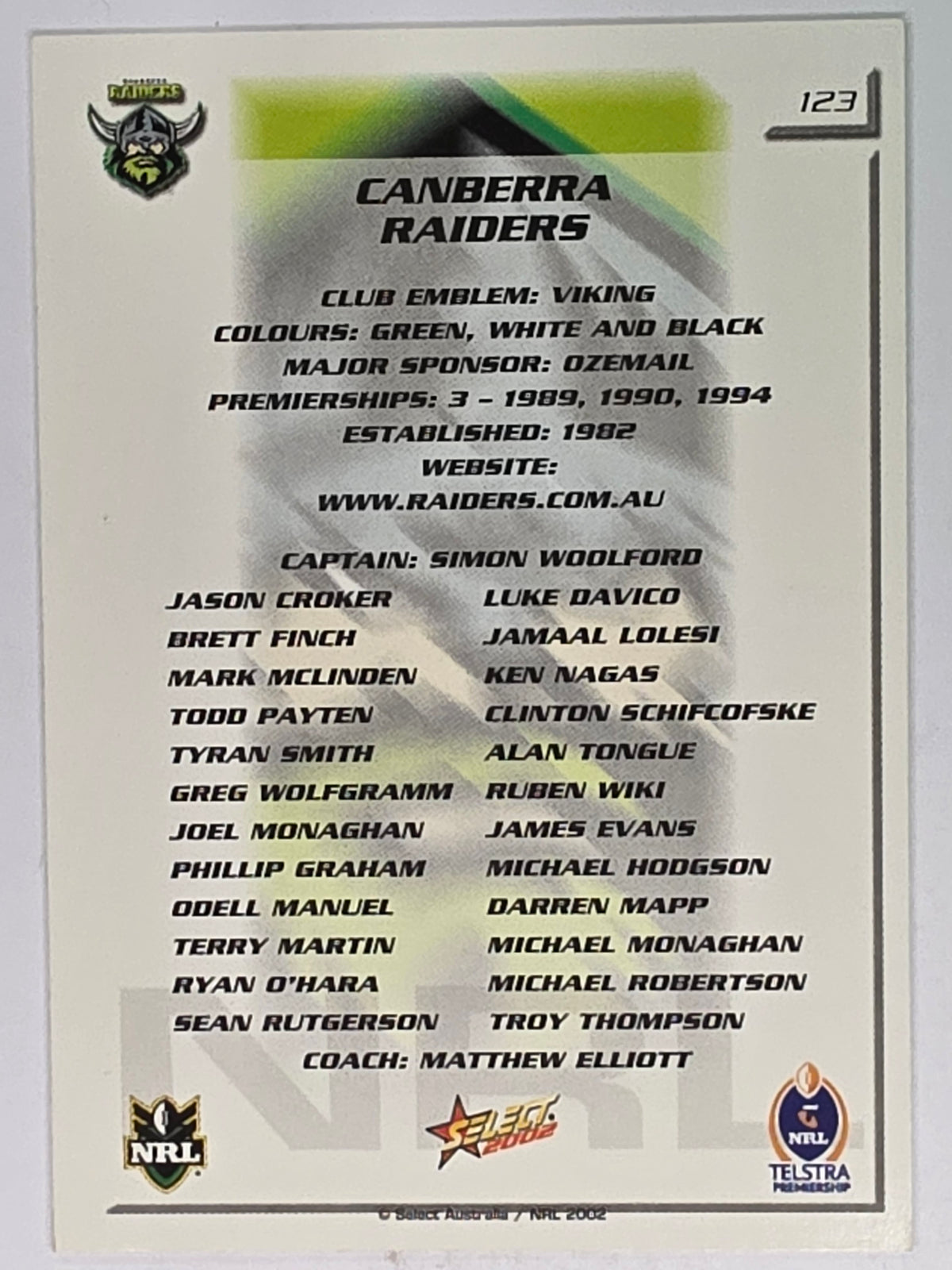 NRL 2002 Challenge Base Card #123 Canberra Raiders Logo