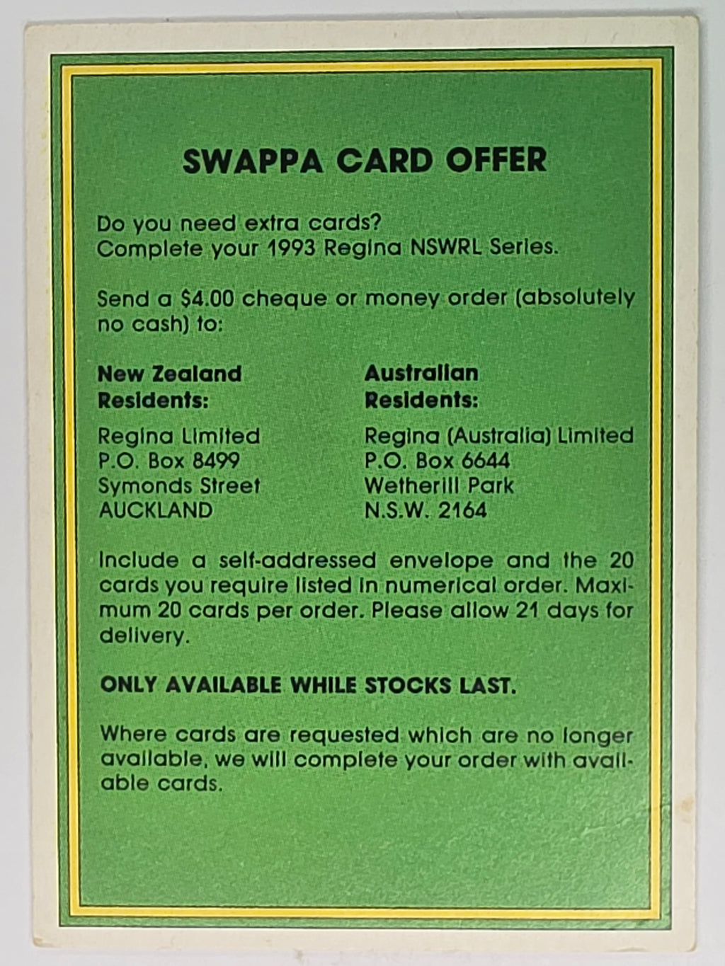 NRL 1993 Regina Base Card #174 Competition Card / Swappa card offer