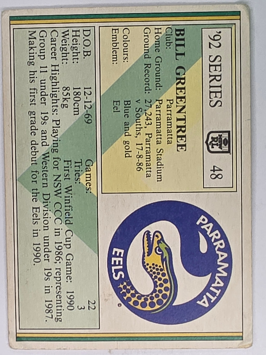 NRL 1992 Regina Base Card #48 Bill Greentree Parramatta Eels