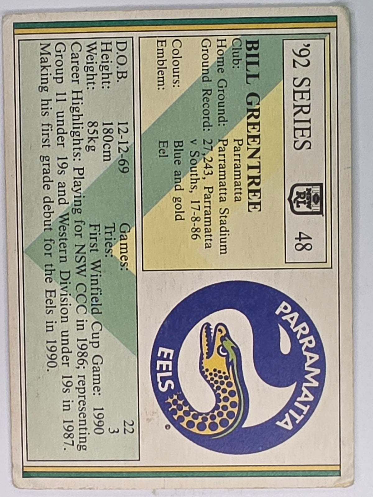 NRL 1992 Regina Base Card #48 Bill Greentree Parramatta Eels