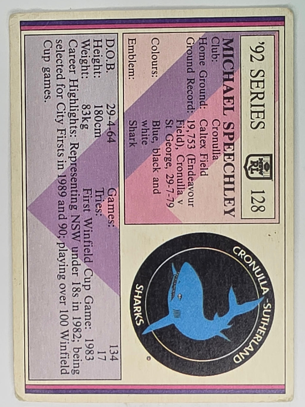 NRL 1992 Regina Base Card #128 Michael Speechley Cronulla Sutherland Sharks