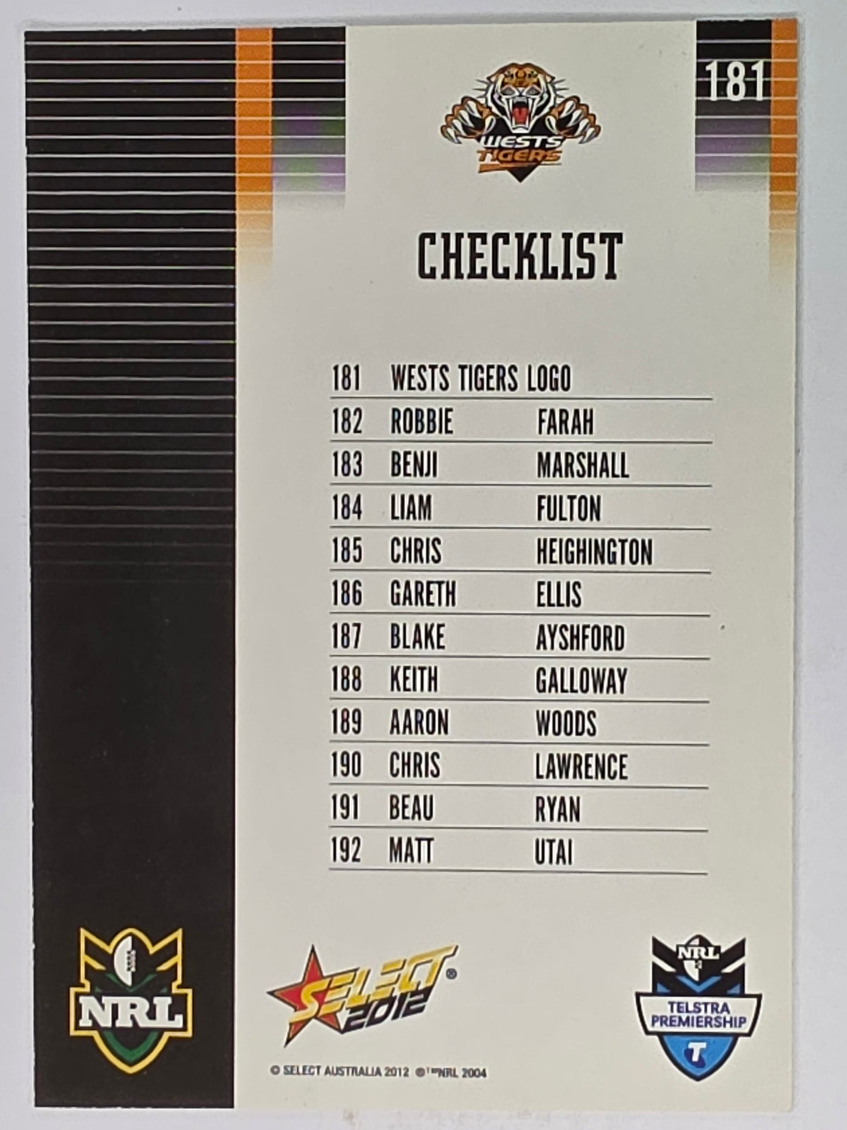 NRL 2012 Champions Base Card #181 Wests Tigers Logo