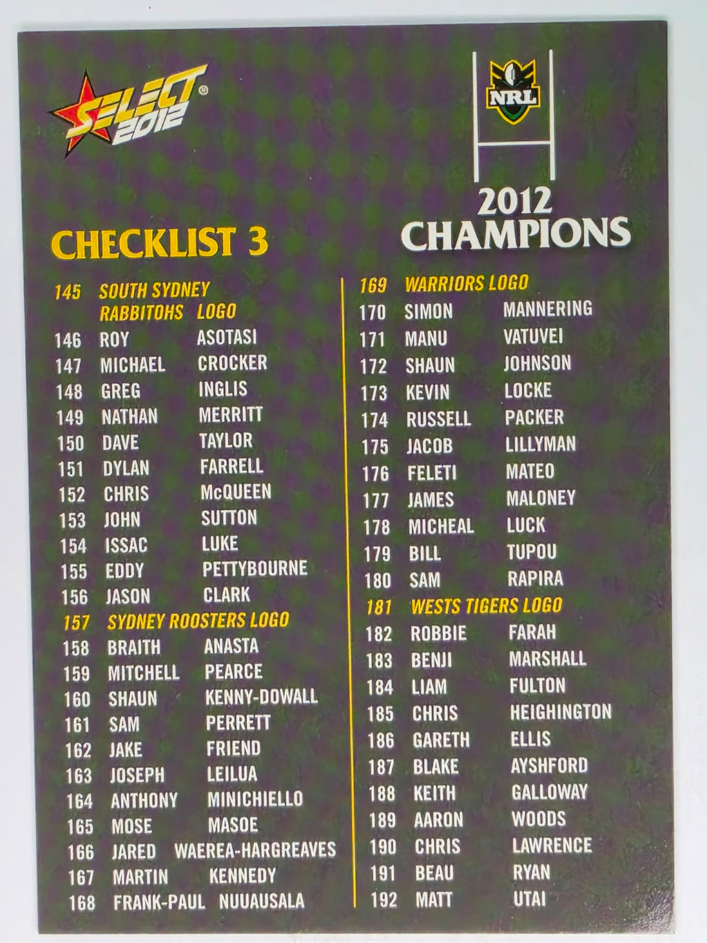 NRL 2012 Champions Base Card #195 Checklist 3