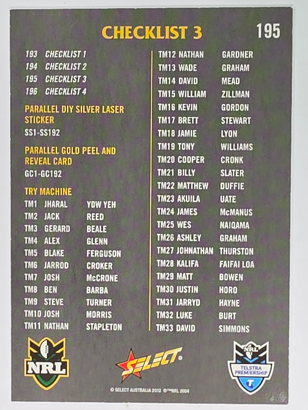 NRL 2012 Champions Base Card #195 Checklist 3