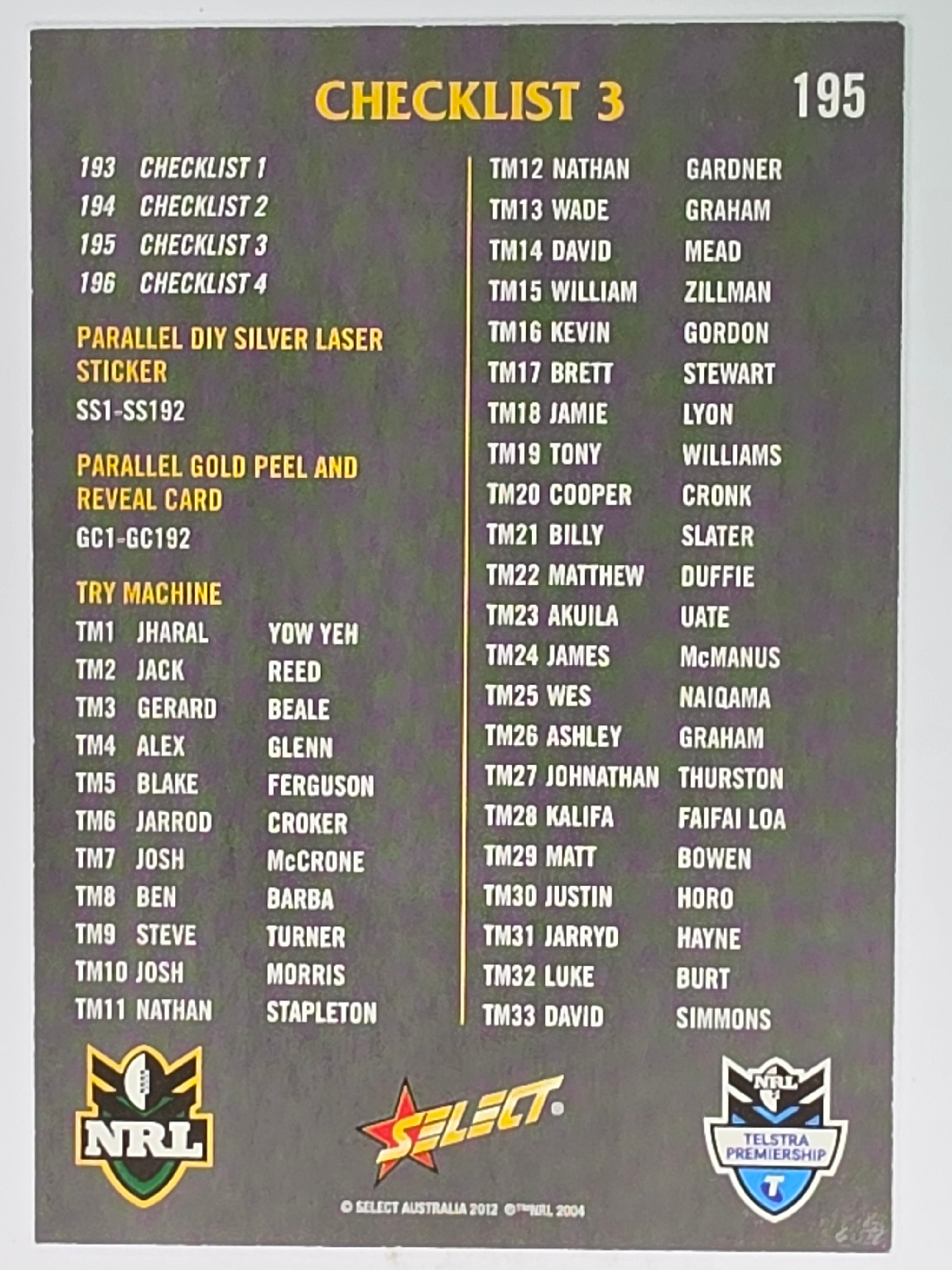 NRL 2012 Champions Base Card #195 Checklist 3