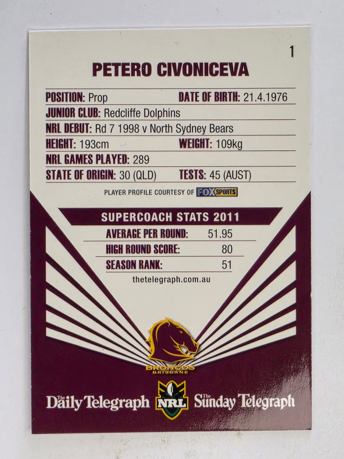 NRL 2012 Daily Telegraph | #001 Petero Civoniceva | Brisbane Broncos