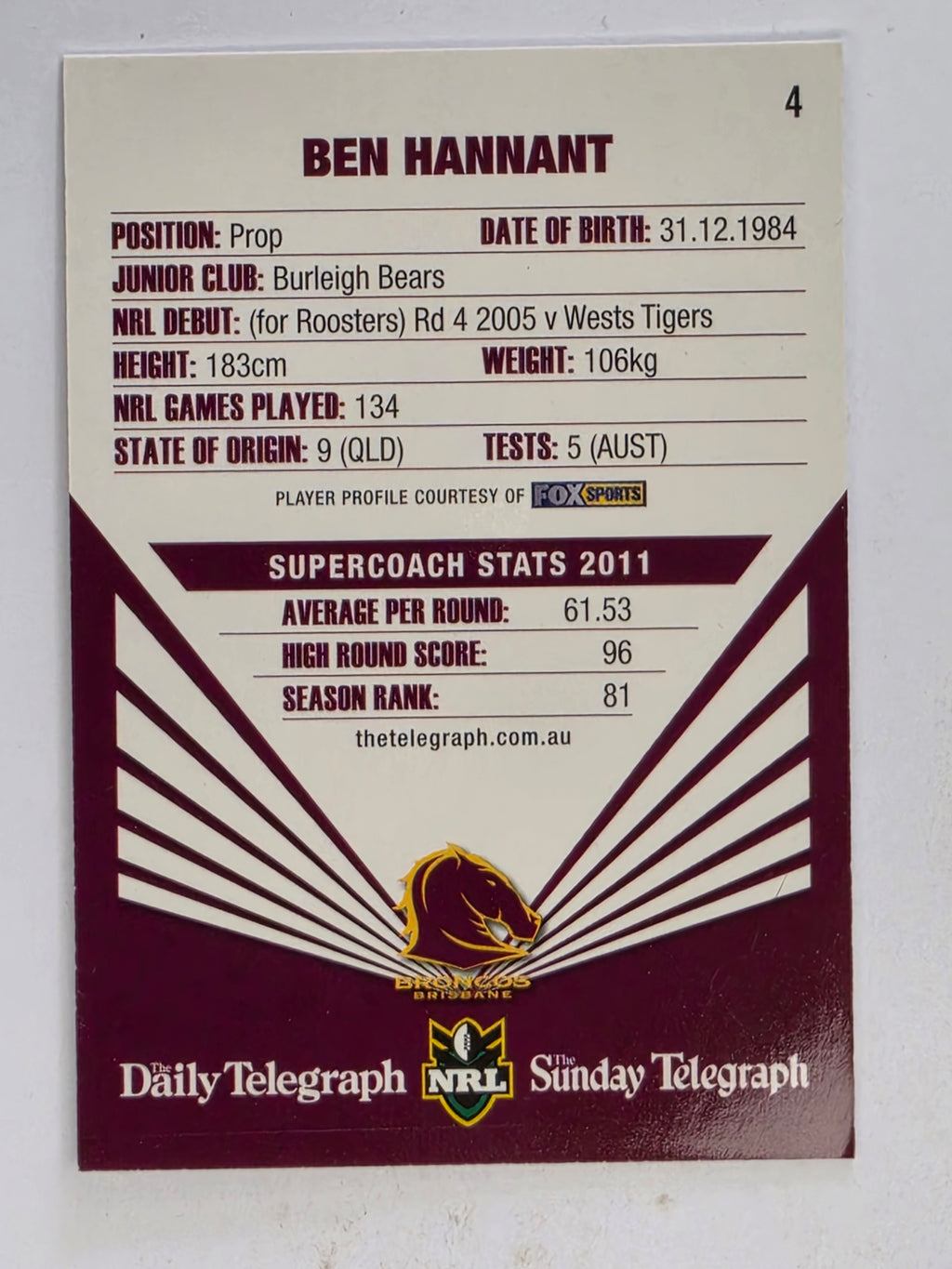 NRL 2012 Daily Telegraph | #004 Ben Hannant | Brisbane Broncos