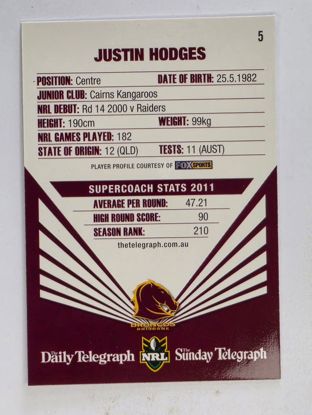 NRL 2012 Daily Telegraph | #005 Justin Hodges | Brisbane Broncos