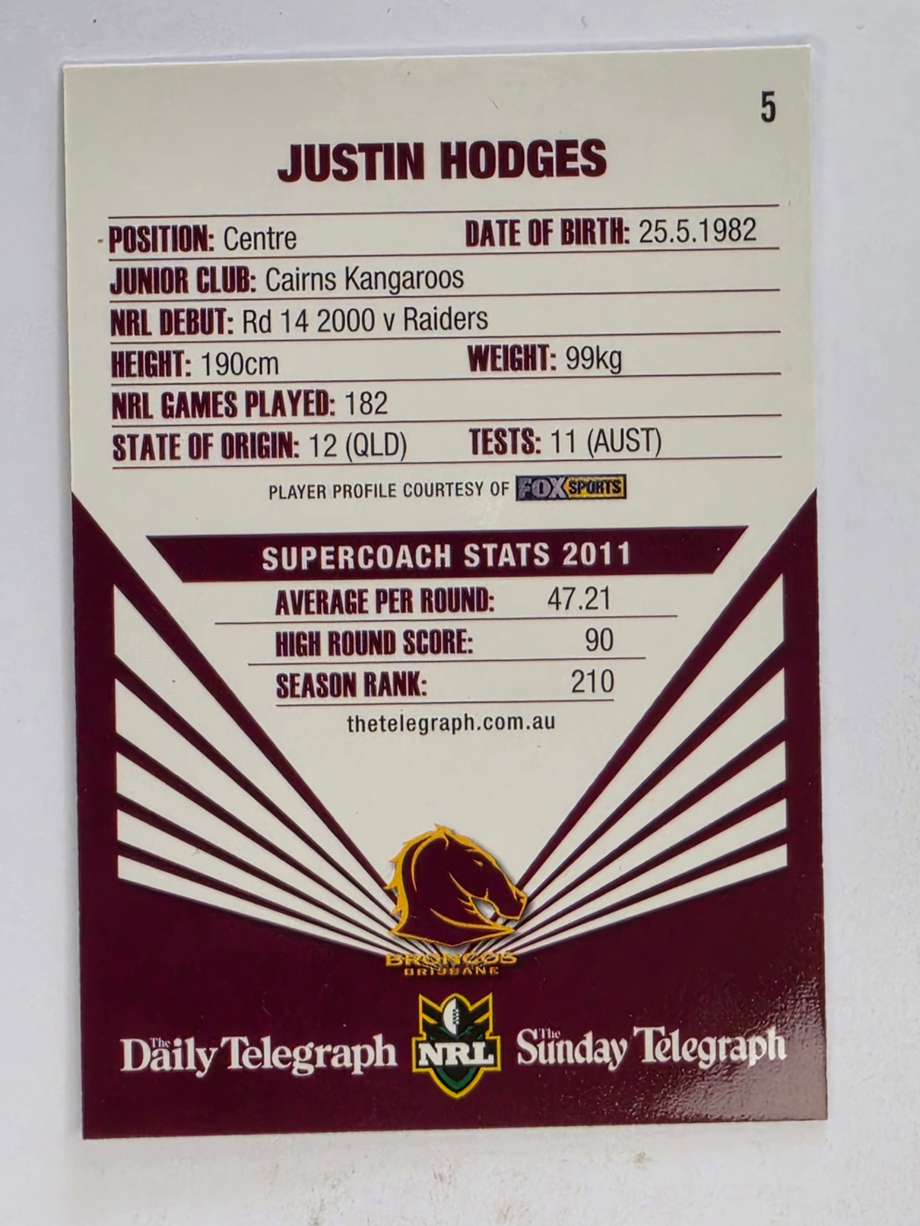 NRL 2012 Daily Telegraph | #005 Justin Hodges | Brisbane Broncos