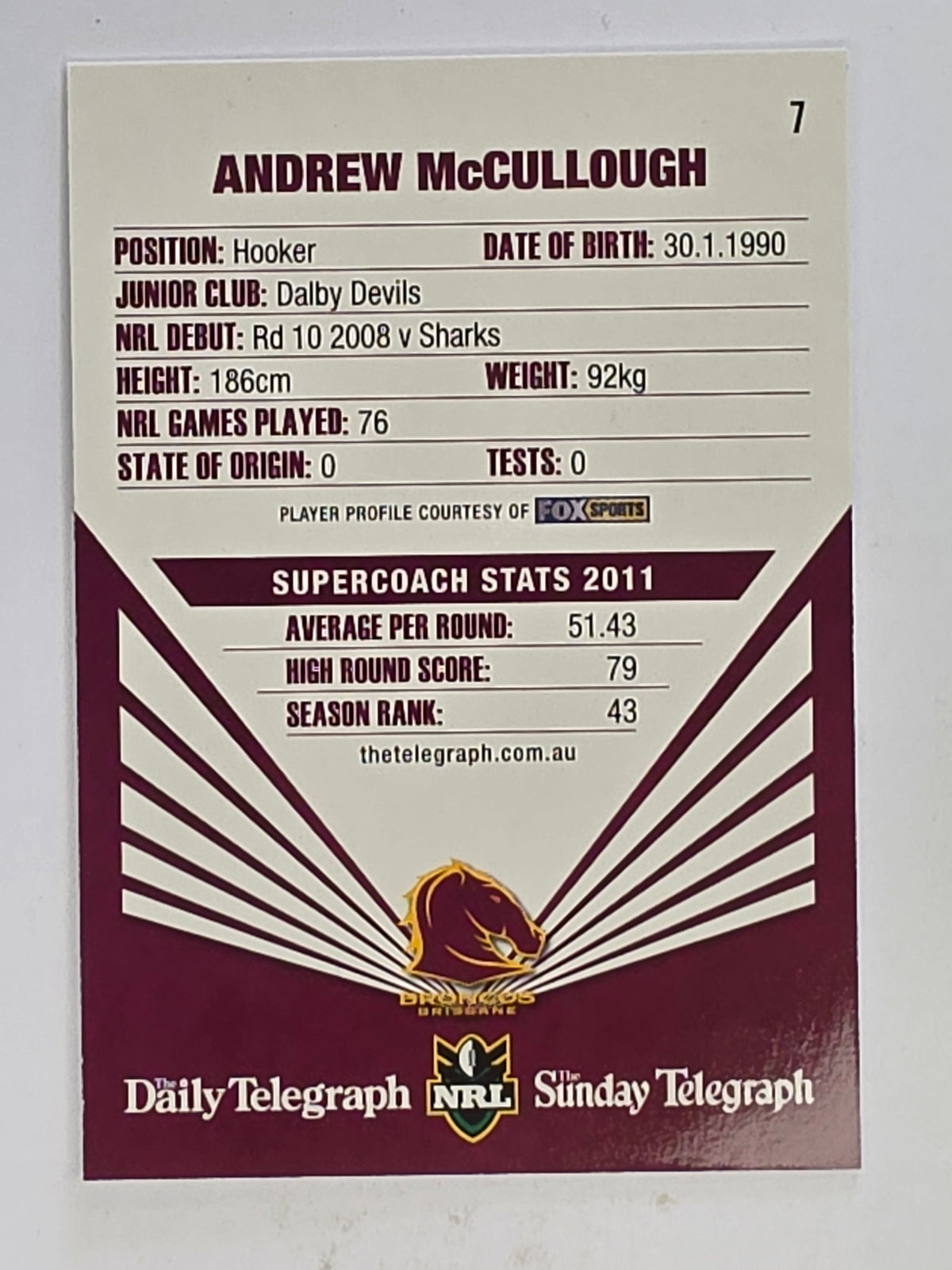 NRL 2012 Daily Telegraph | #007 Andrew McCullough | Brisbane Broncos
