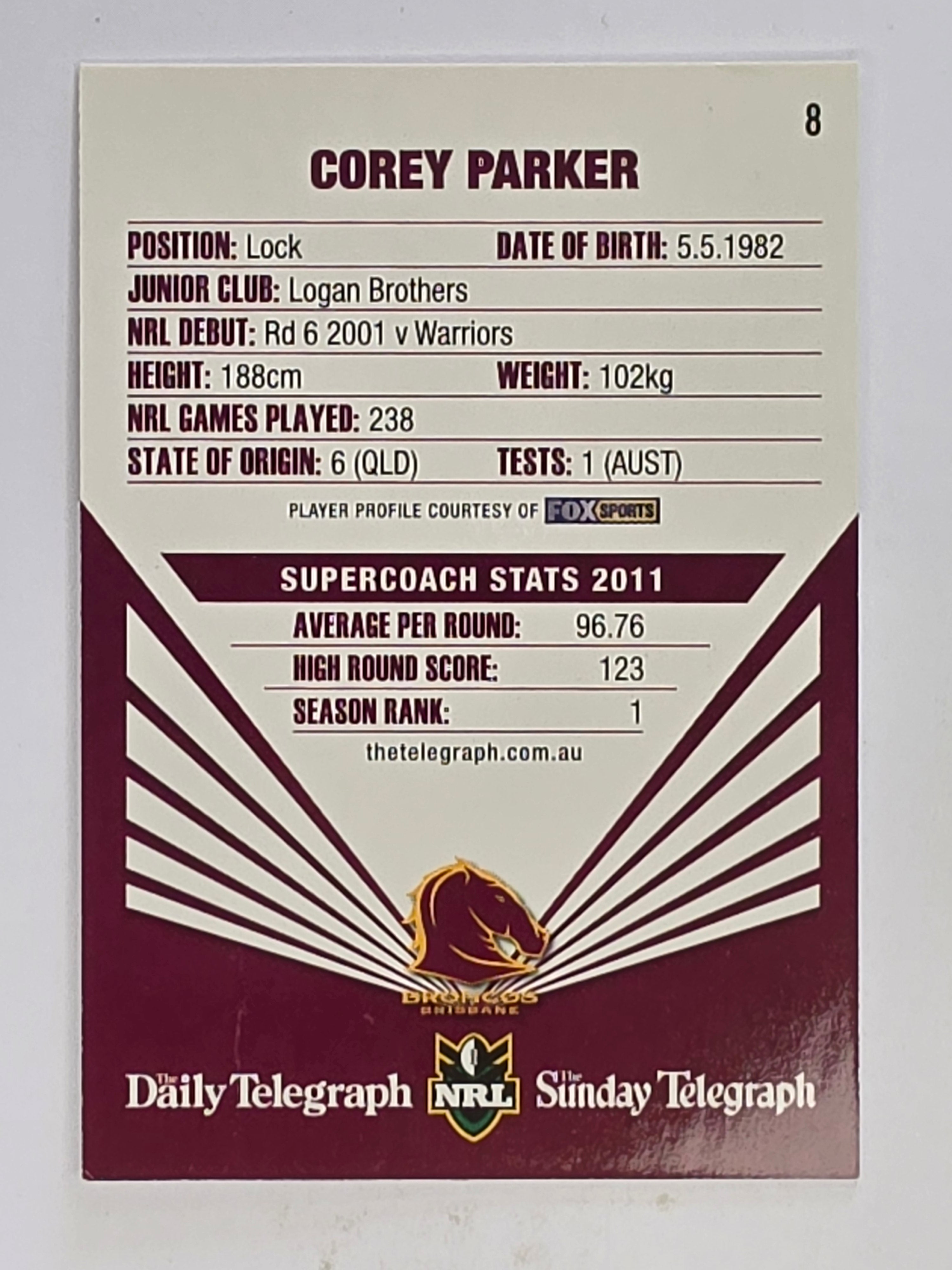 NRL 2012 Daily Telegraph | #008 Corey Parker | Brisbane Broncos