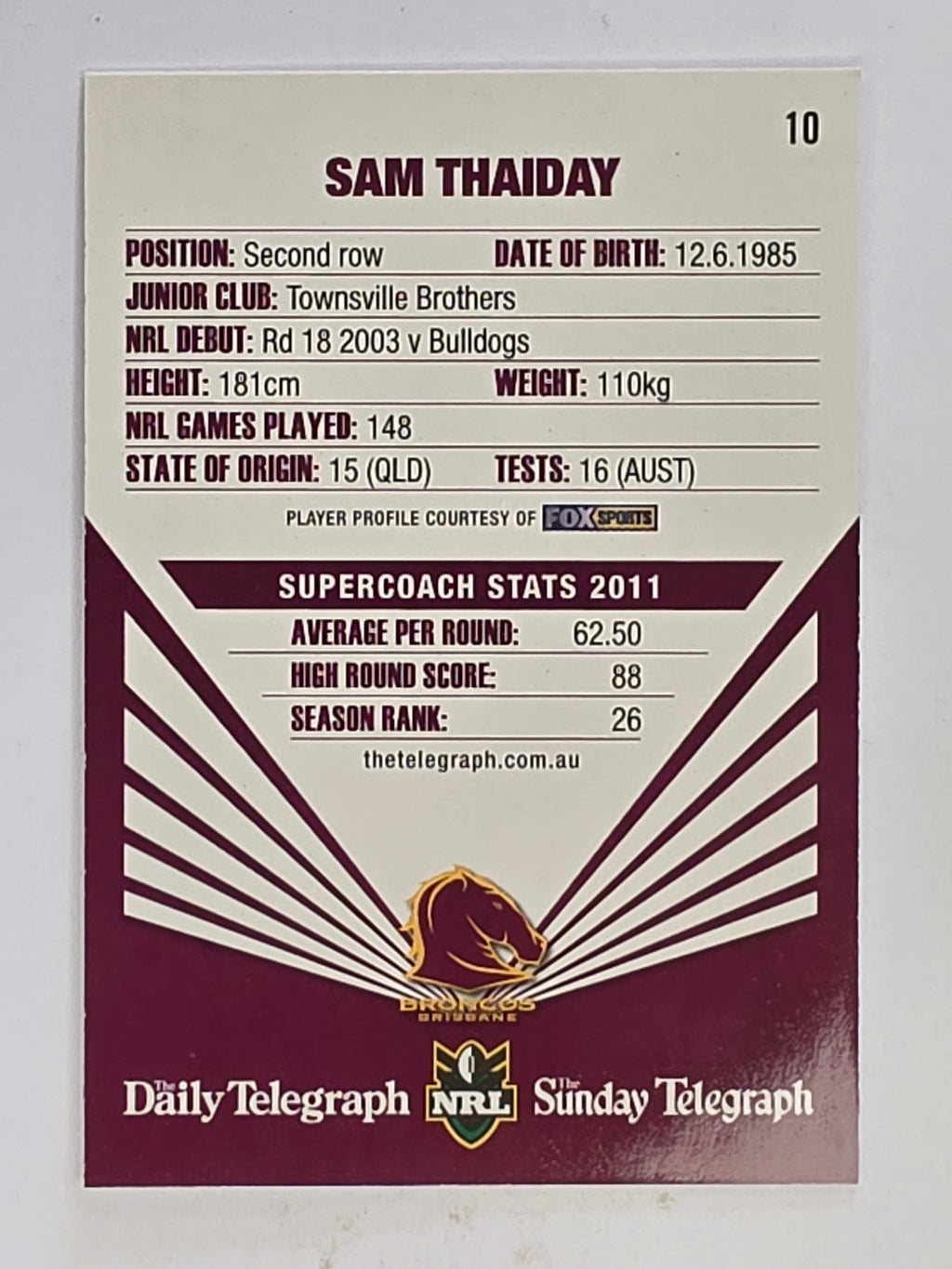 NRL 2012 Daily Telegraph | #010 Sam Thaiday | Brisbane Broncos