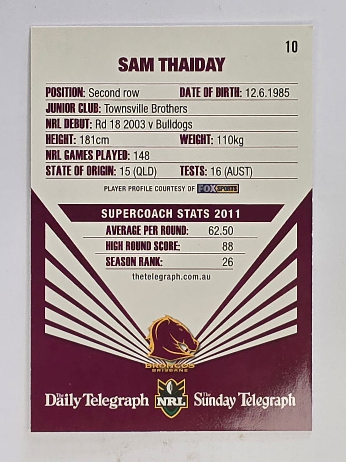 NRL 2012 Daily Telegraph | #010 Sam Thaiday | Brisbane Broncos