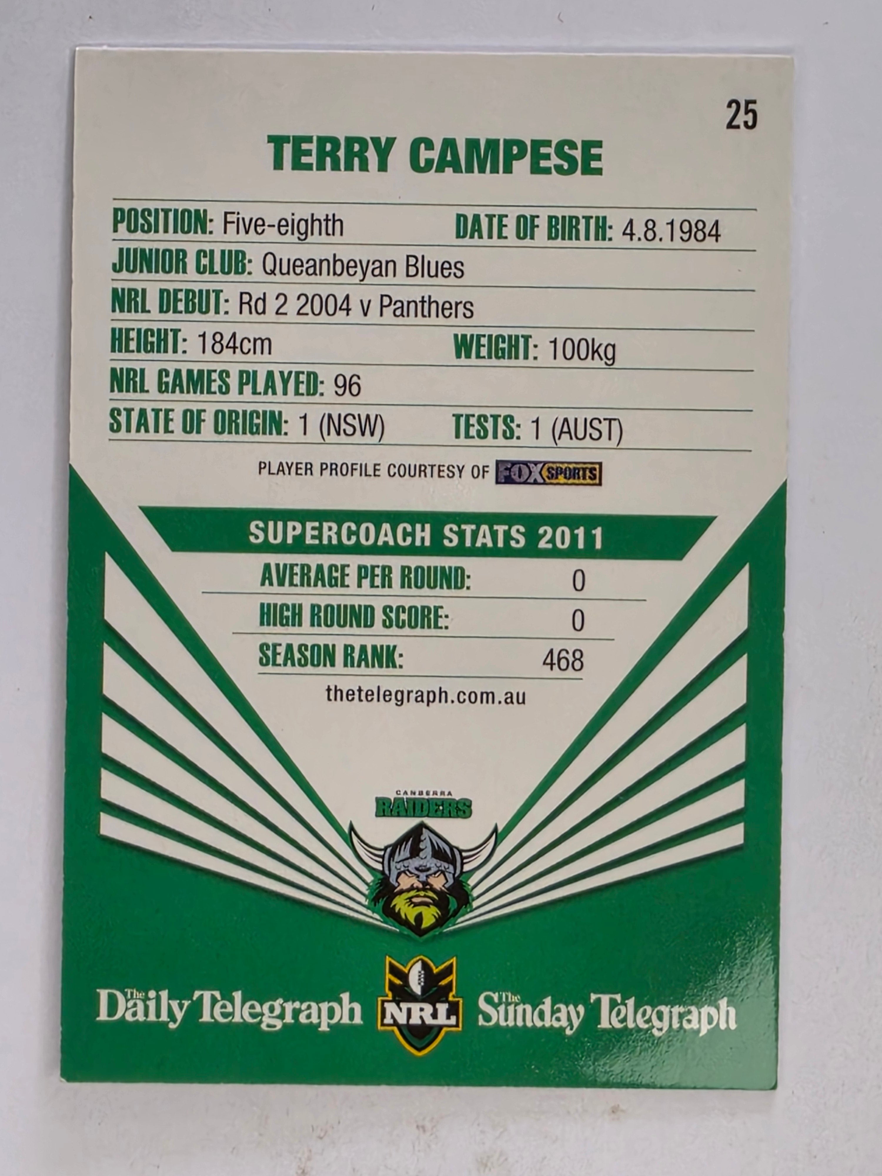 NRL 2012 Daily Telegraph | #025 Terry Campese | Canberra Raiders
