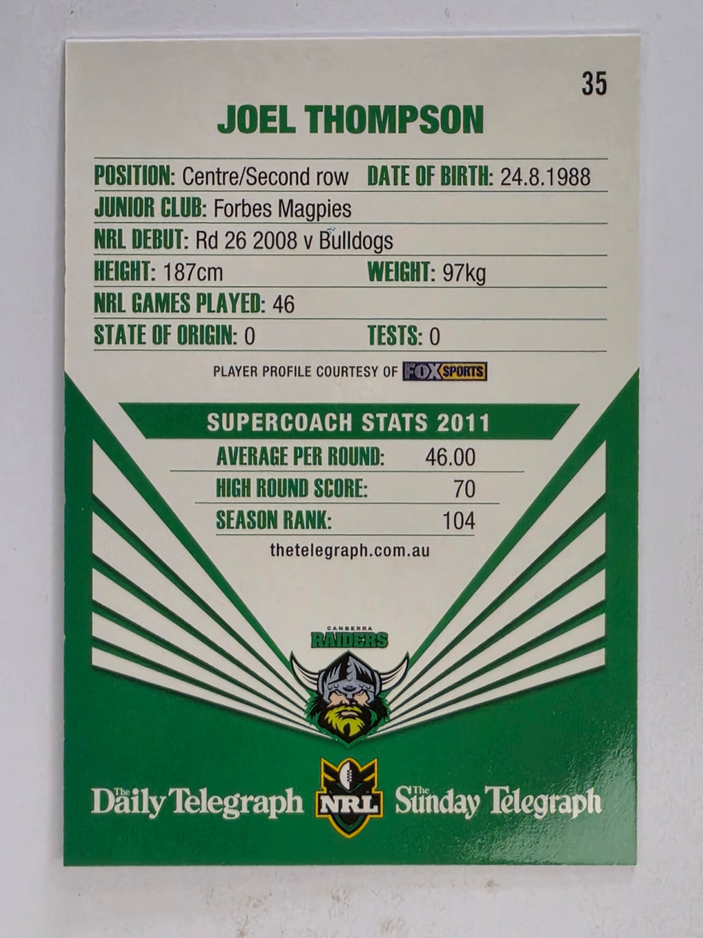 NRL 2012 Daily Telegraph | #035 Joel Thompson | Canberra Raiders