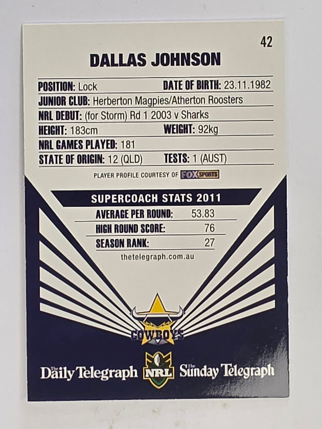NRL 2012 Daily Telegraph | #042 Dallas Johnson | North Queensland Cowboys