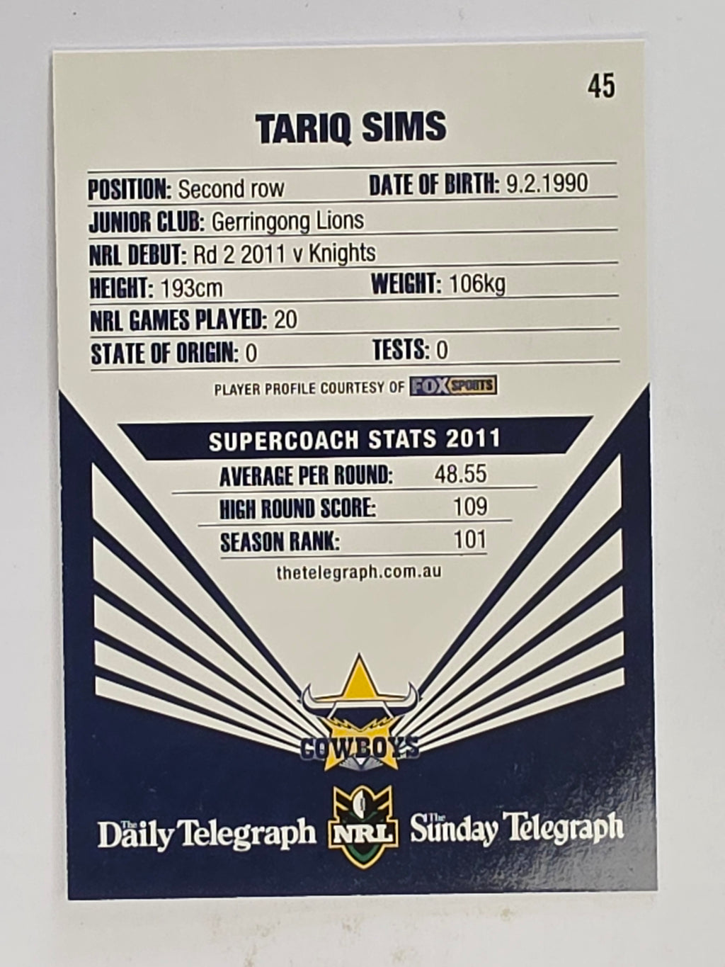 NRL 2012 Daily Telegraph | #045 Tariq Sims | North Queensland Cowboys