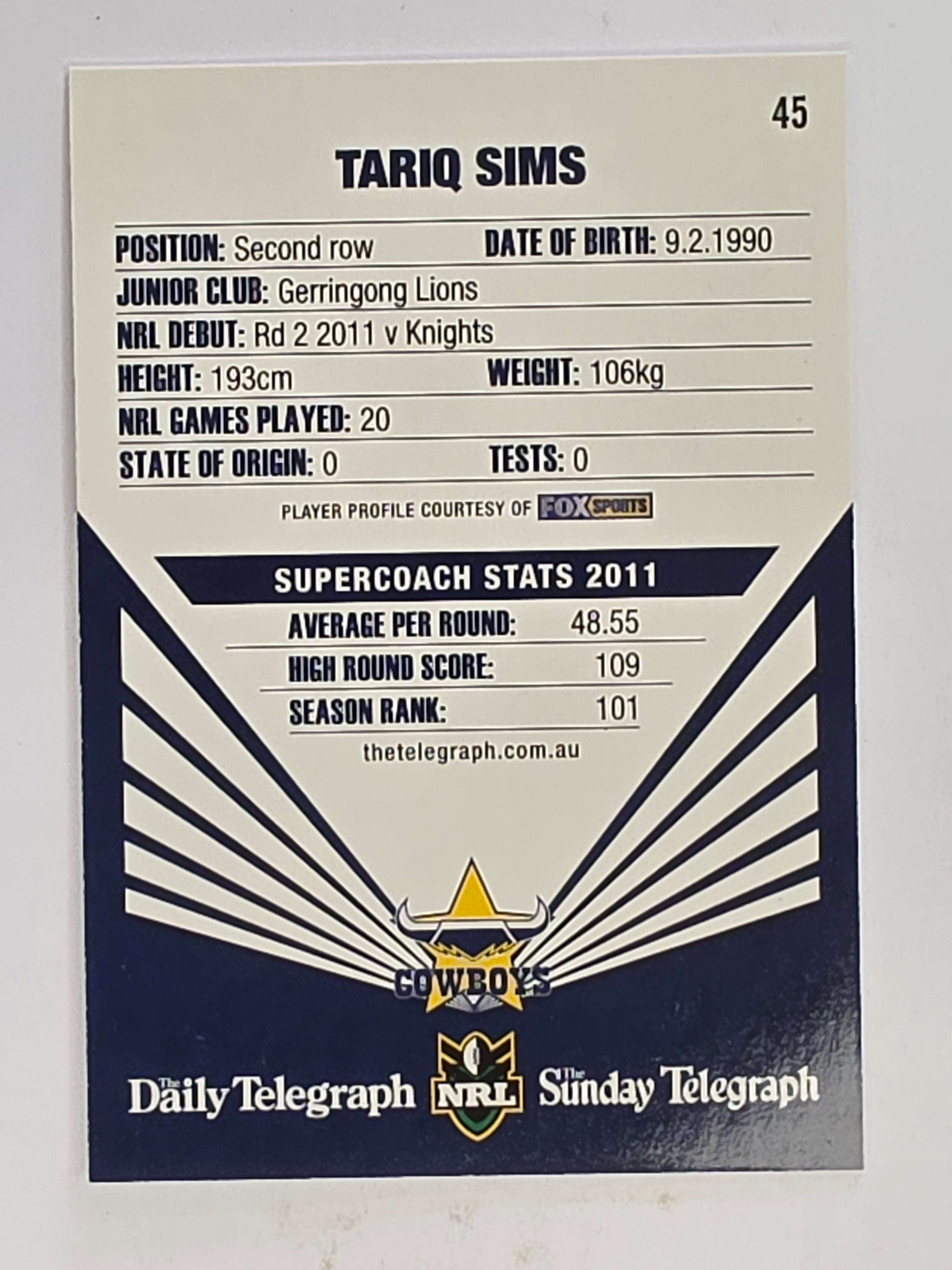 NRL 2012 Daily Telegraph | #045 Tariq Sims | North Queensland Cowboys