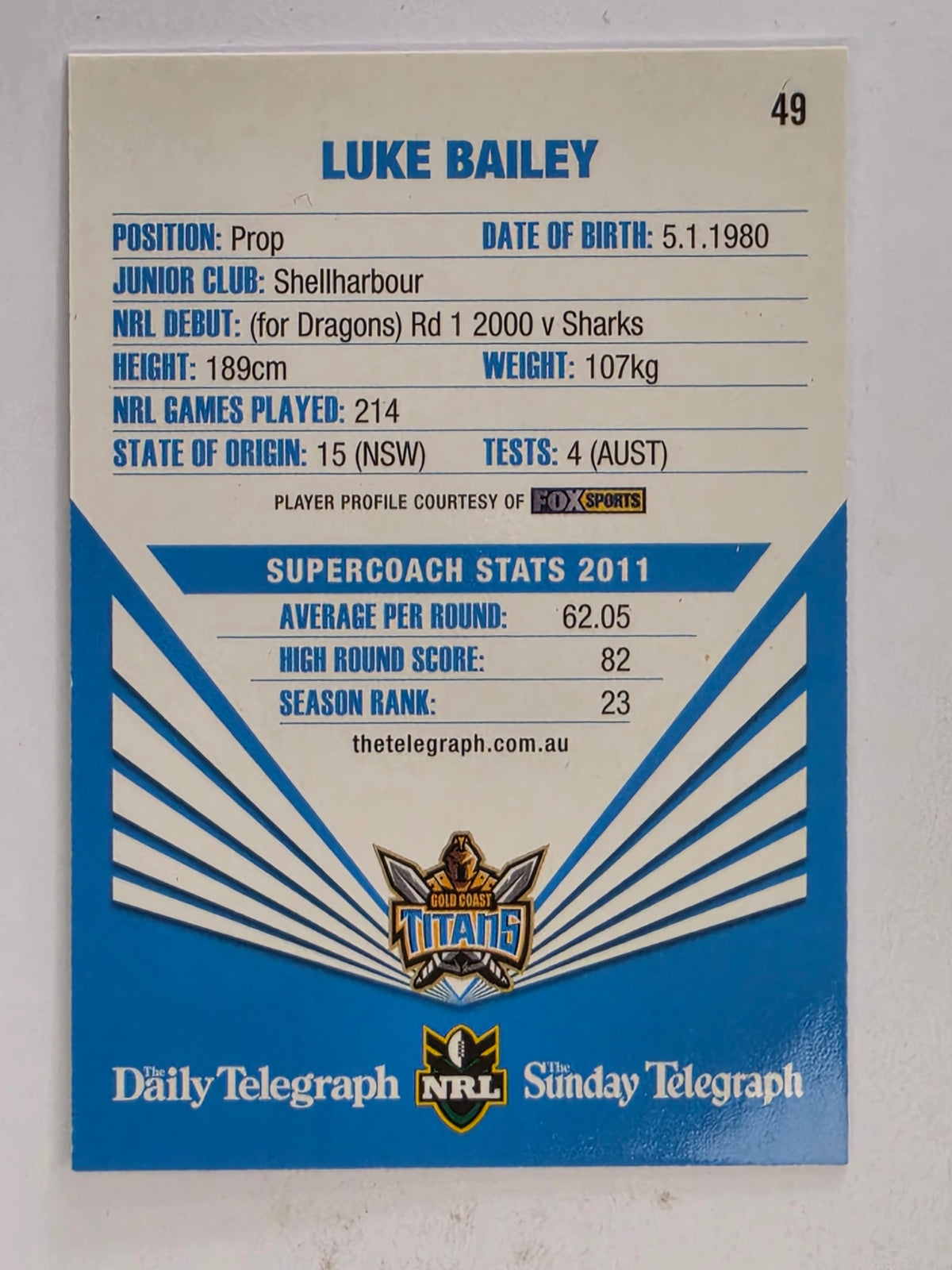 NRL 2012 Daily Telegraph | #049 Luke Bailey | Gold Coast Titans