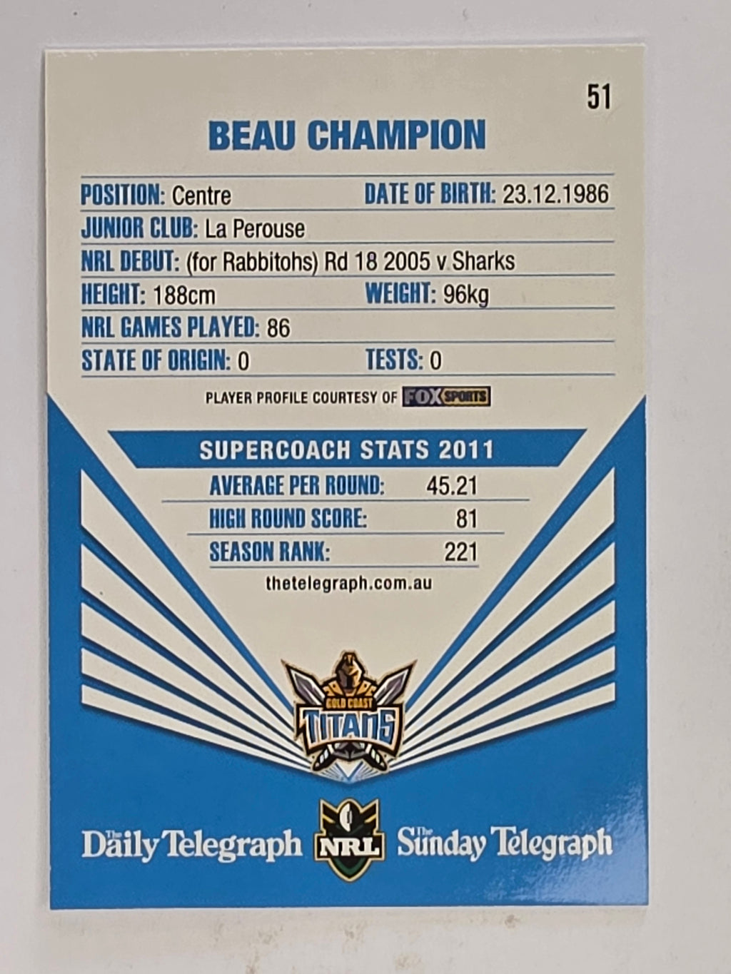 NRL 2012 Daily Telegraph | #051 Beau Champion | Gold Coast Titans