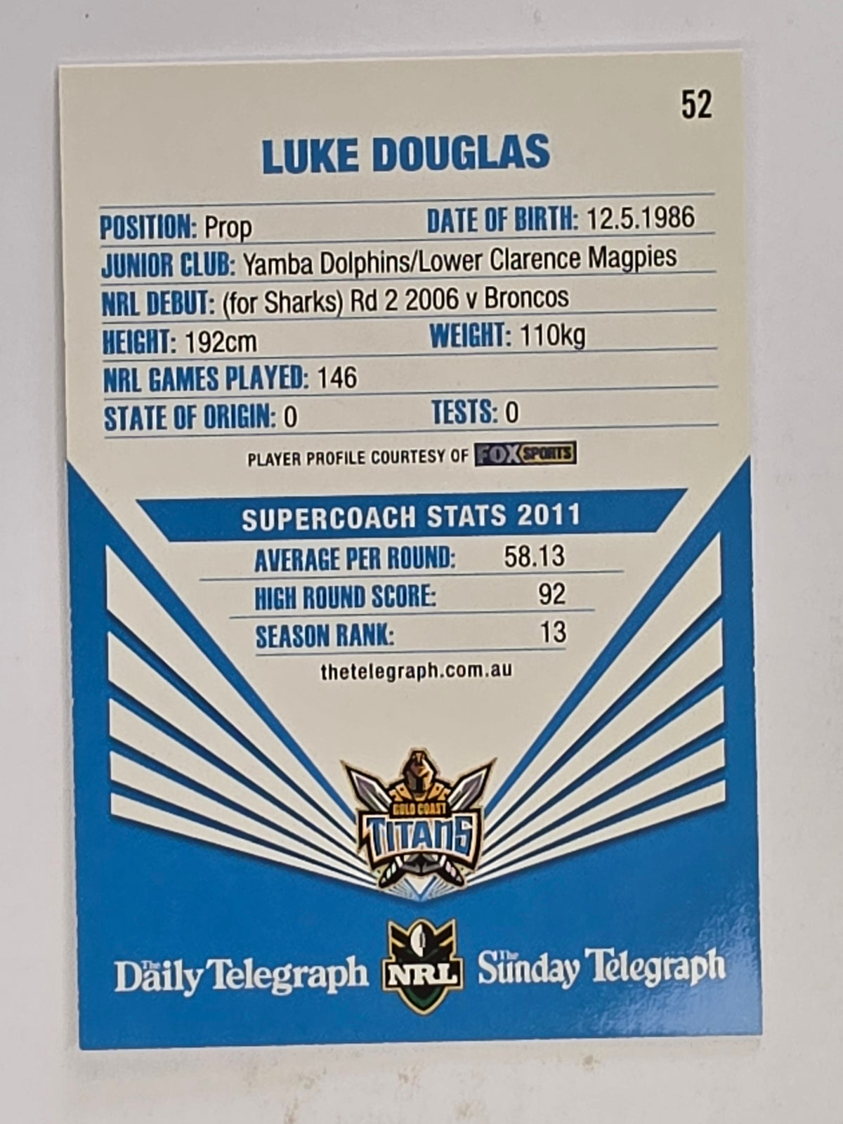NRL 2012 Daily Telegraph | #052 Luke Douglas | Gold Coast Titans