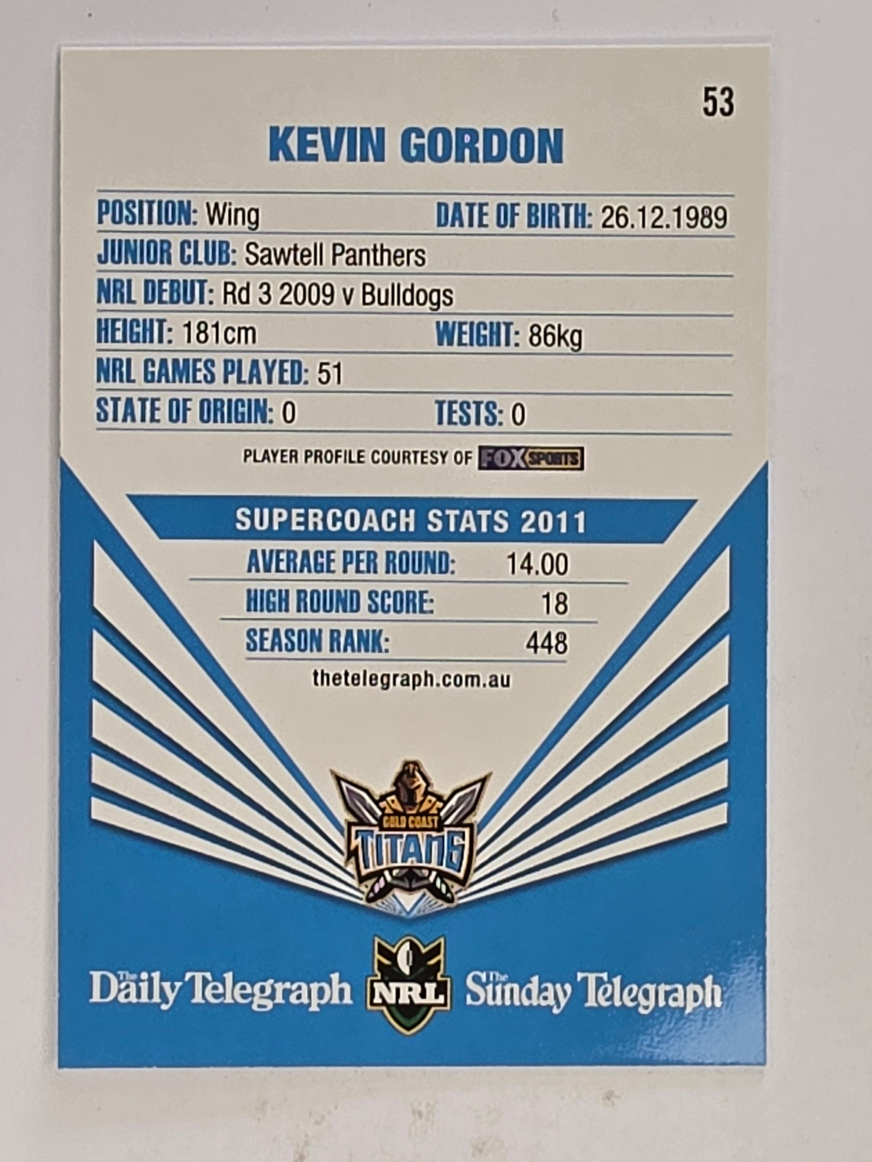 NRL 2012 Daily Telegraph | #053 Kevin Gordon | Gold Coast Titans