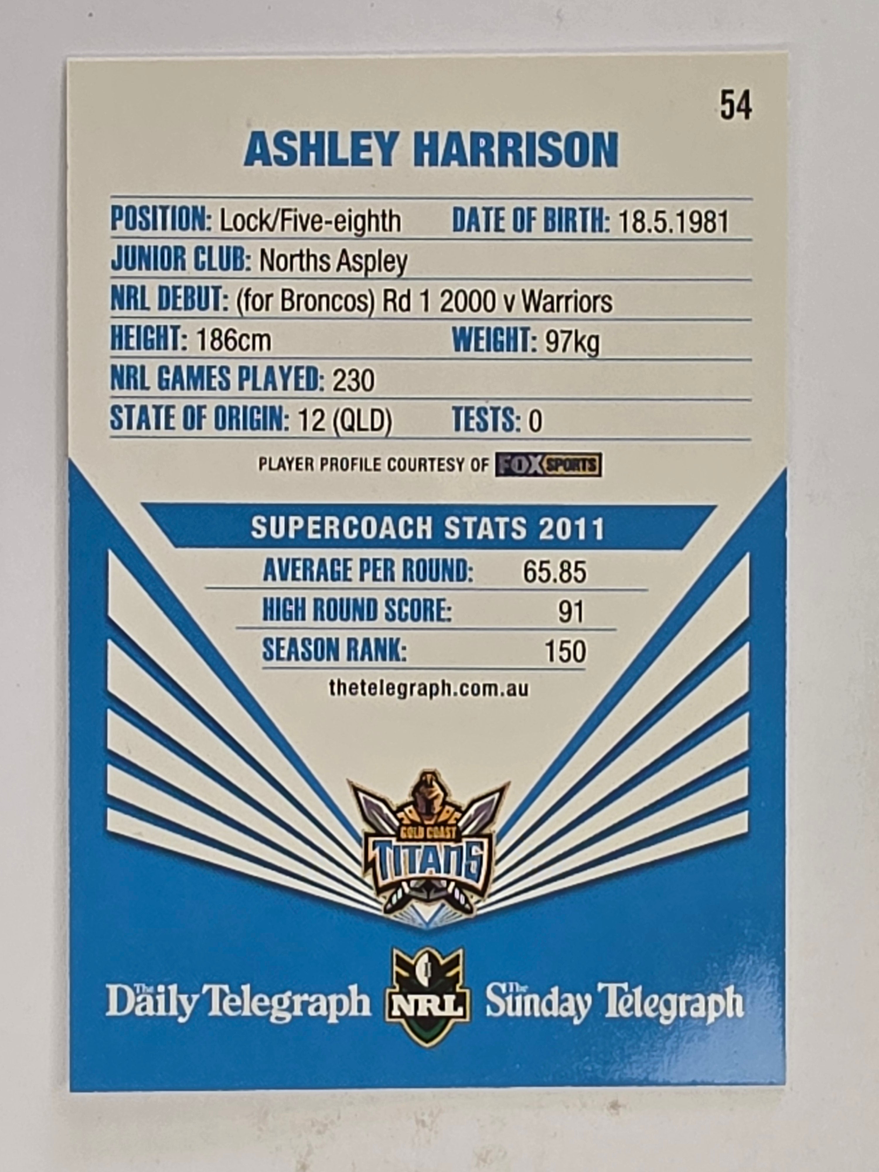 NRL 2012 Daily Telegraph | #054 Ashley Harrison | Gold Coast Titans