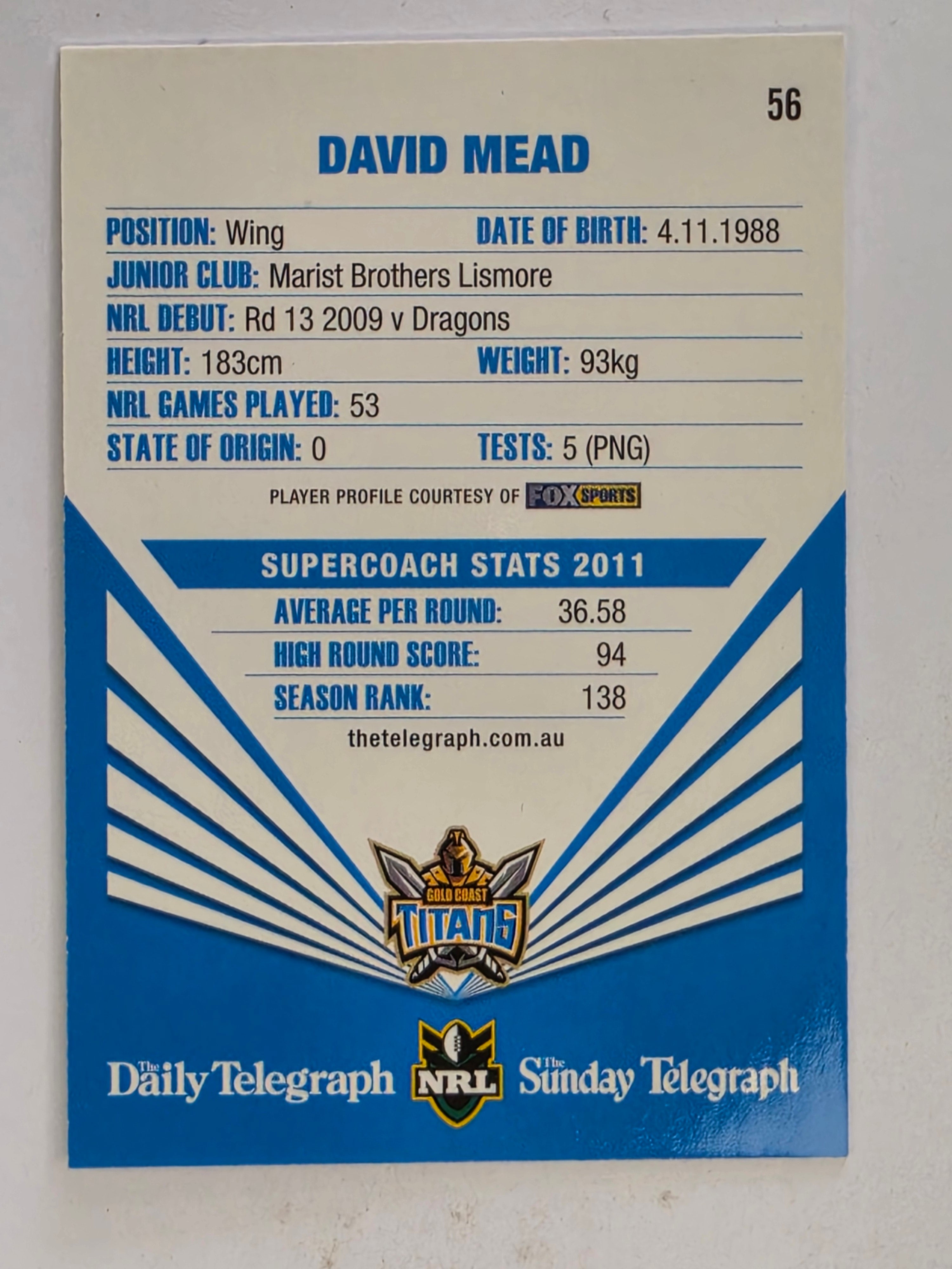 NRL 2012 Daily Telegraph | #056 David Mead | Gold Coast Titans