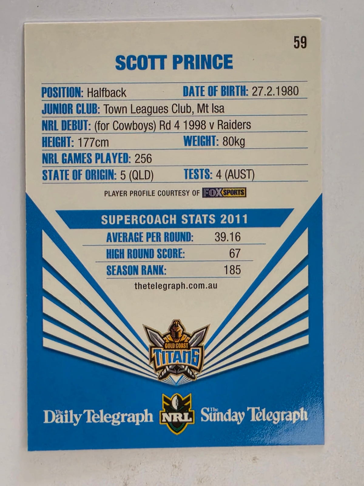NRL 2012 Daily Telegraph | #059 Scott Prince | Gold Coast Titans