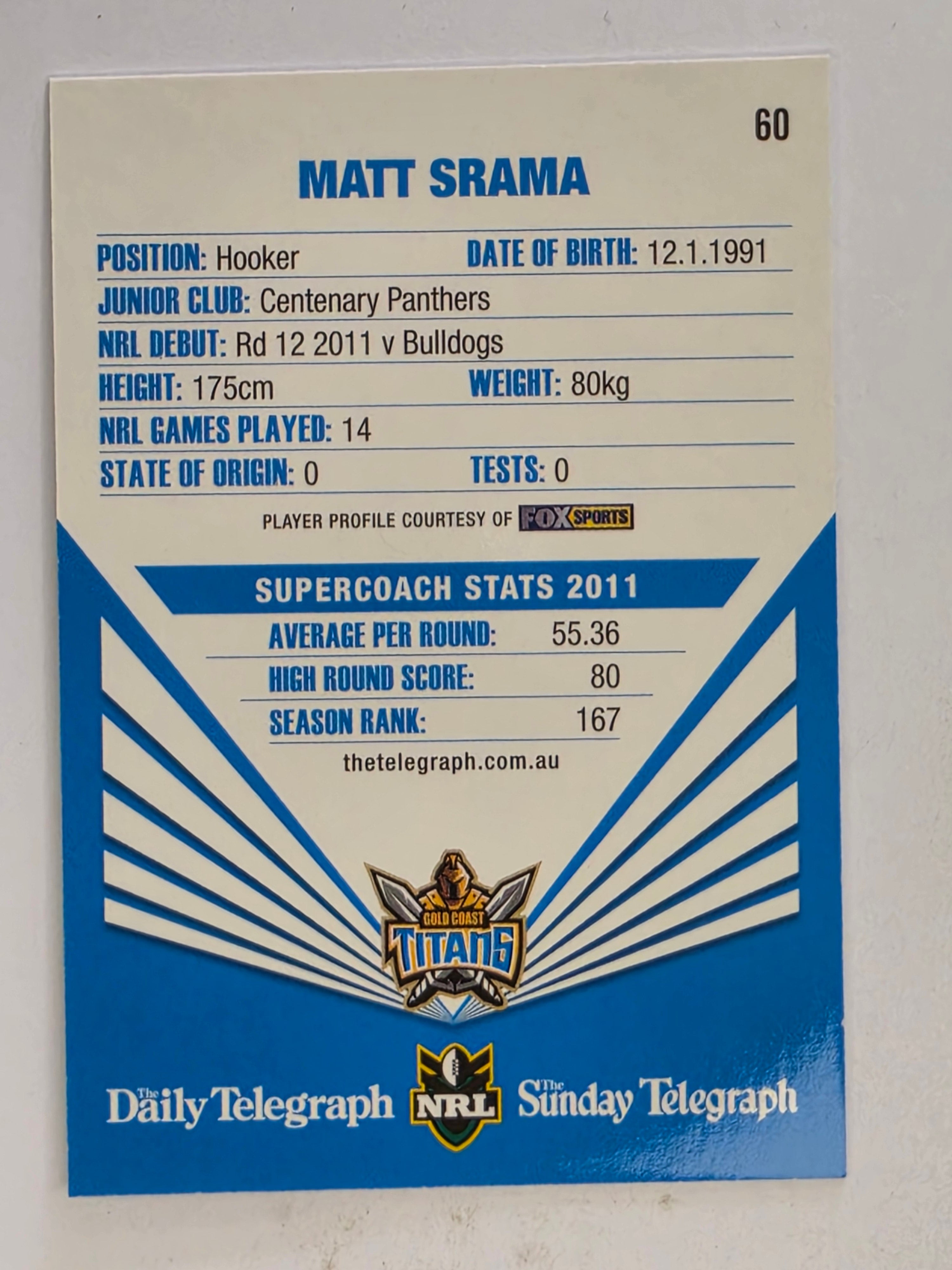 NRL 2012 Daily Telegraph | #060 Matt Srama | Gold Coast Titans