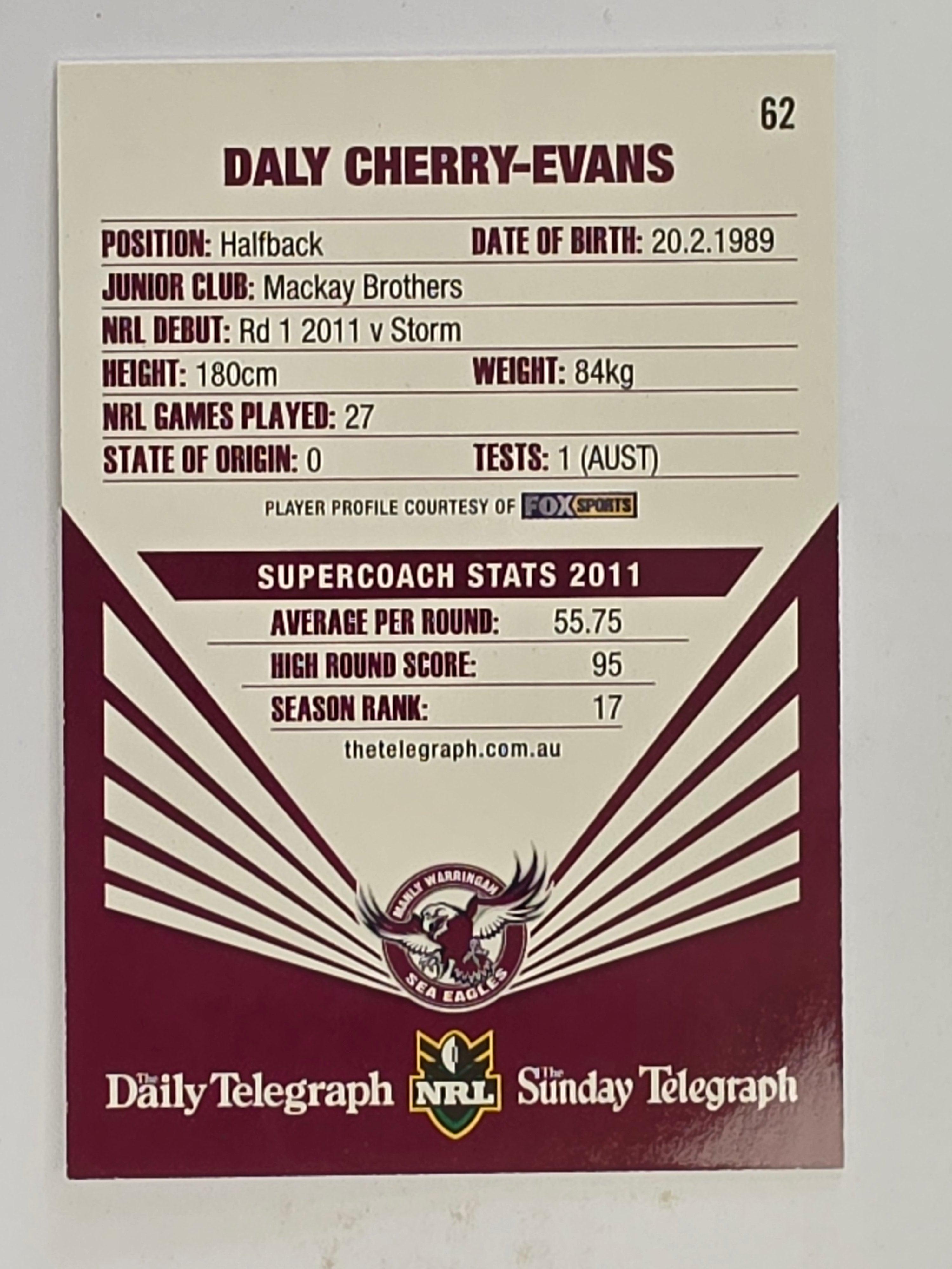 NRL 2012 Daily Telegraph | #062 Daly Cherry-Evans | Manly Warringah Sea Eagles