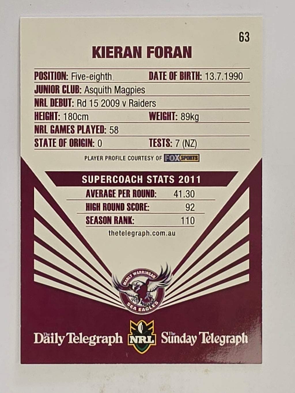 NRL 2012 Daily Telegraph | #063 Kieran Foran | Manly Warringah Sea Eagles