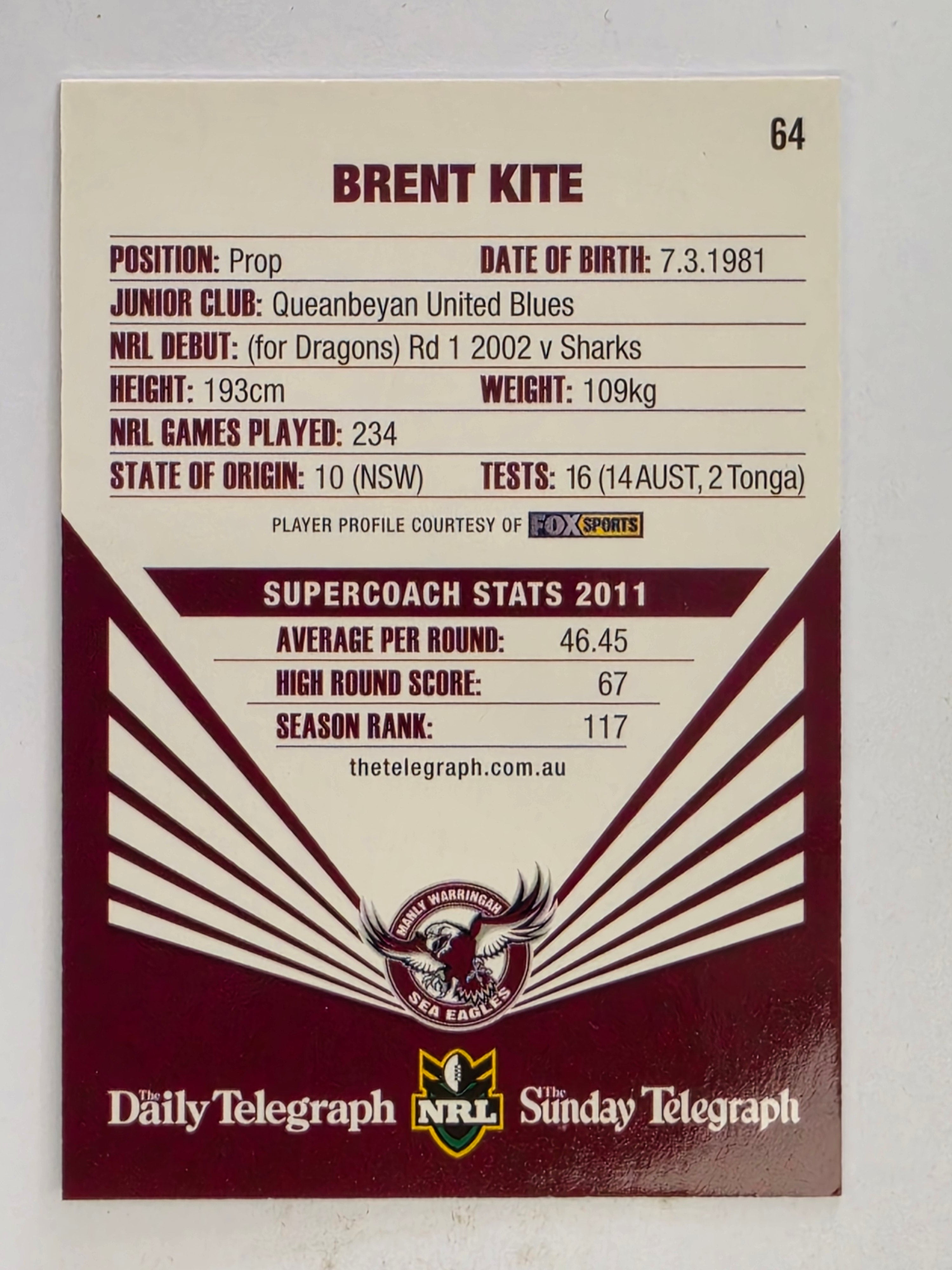 NRL 2012 Daily Telegraph | #064 Brent Kite | Manly Warringah Sea Eagles