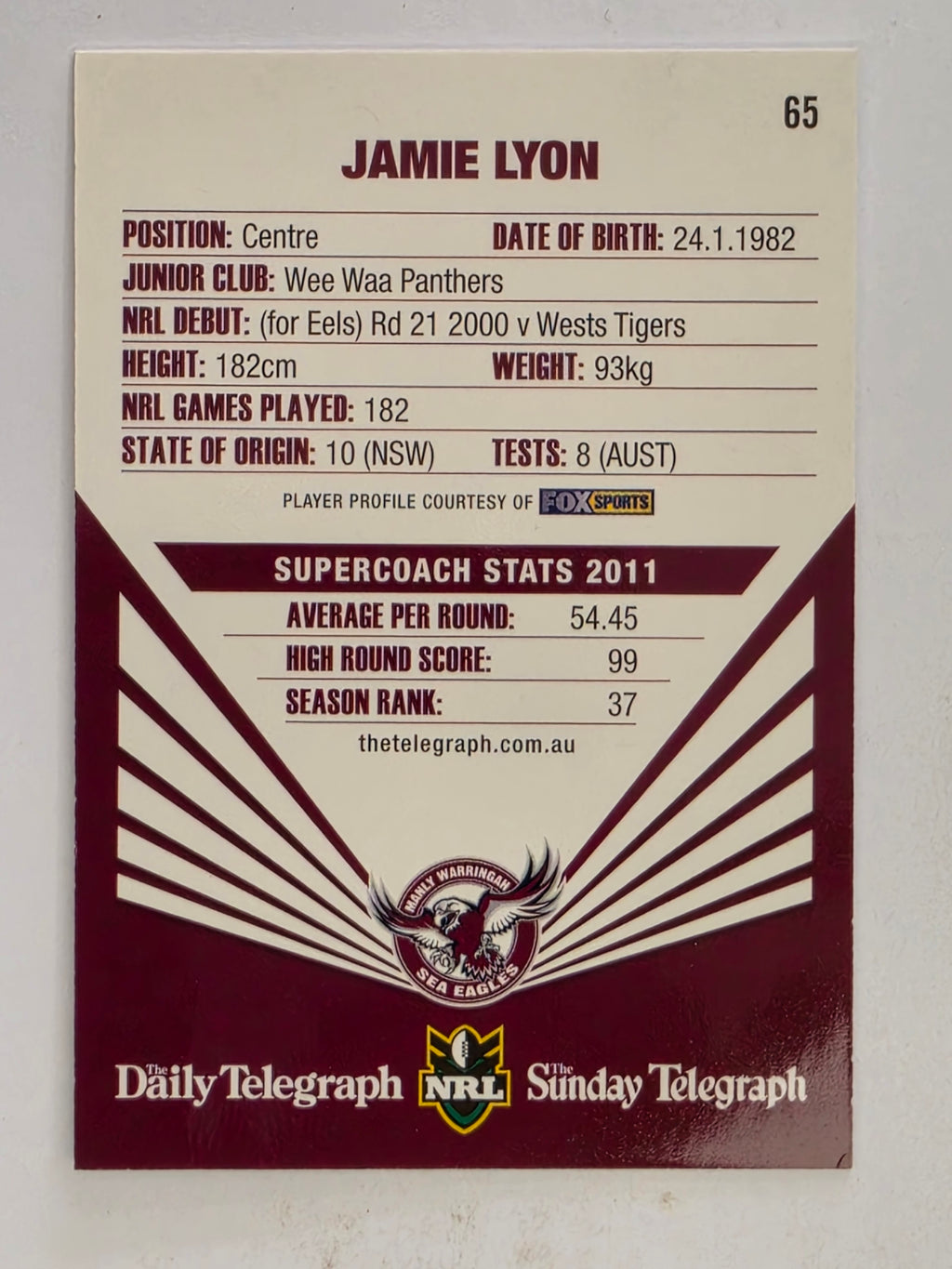 NRL 2012 Daily Telegraph | #065 Jamie Lyon | Manly Warringah Sea Eagles