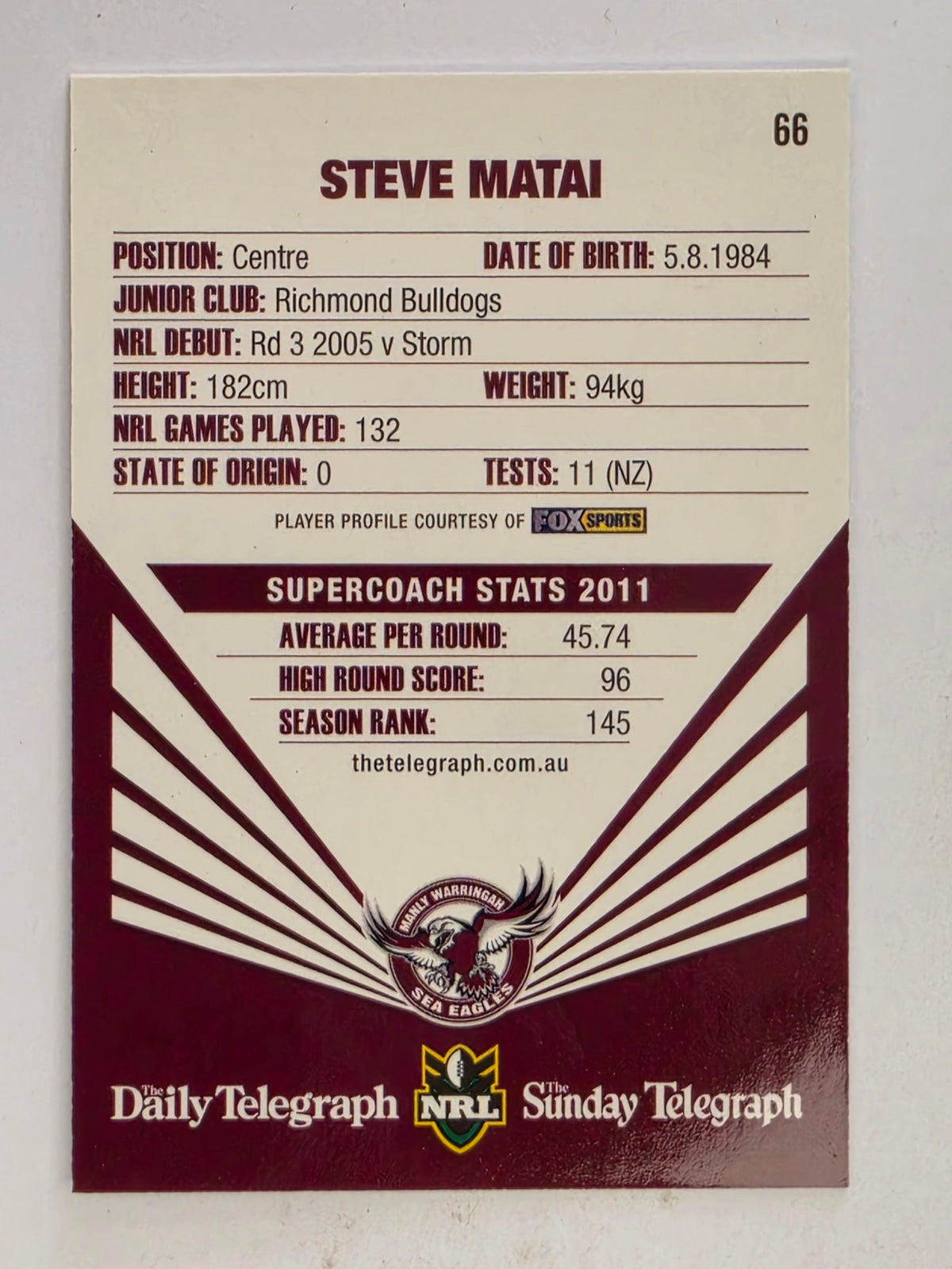 NRL 2012 Daily Telegraph | #066 Steve Matai | Manly Warringah Sea Eagles