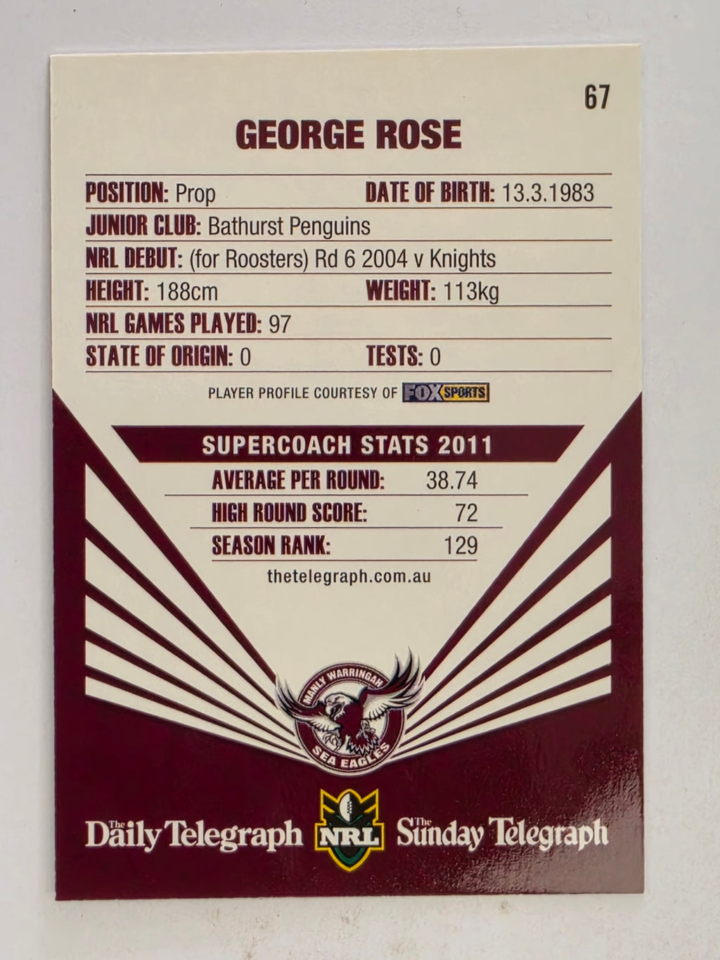 NRL 2012 Daily Telegraph | #067 George Rose | Manly Warringah Sea Eagles