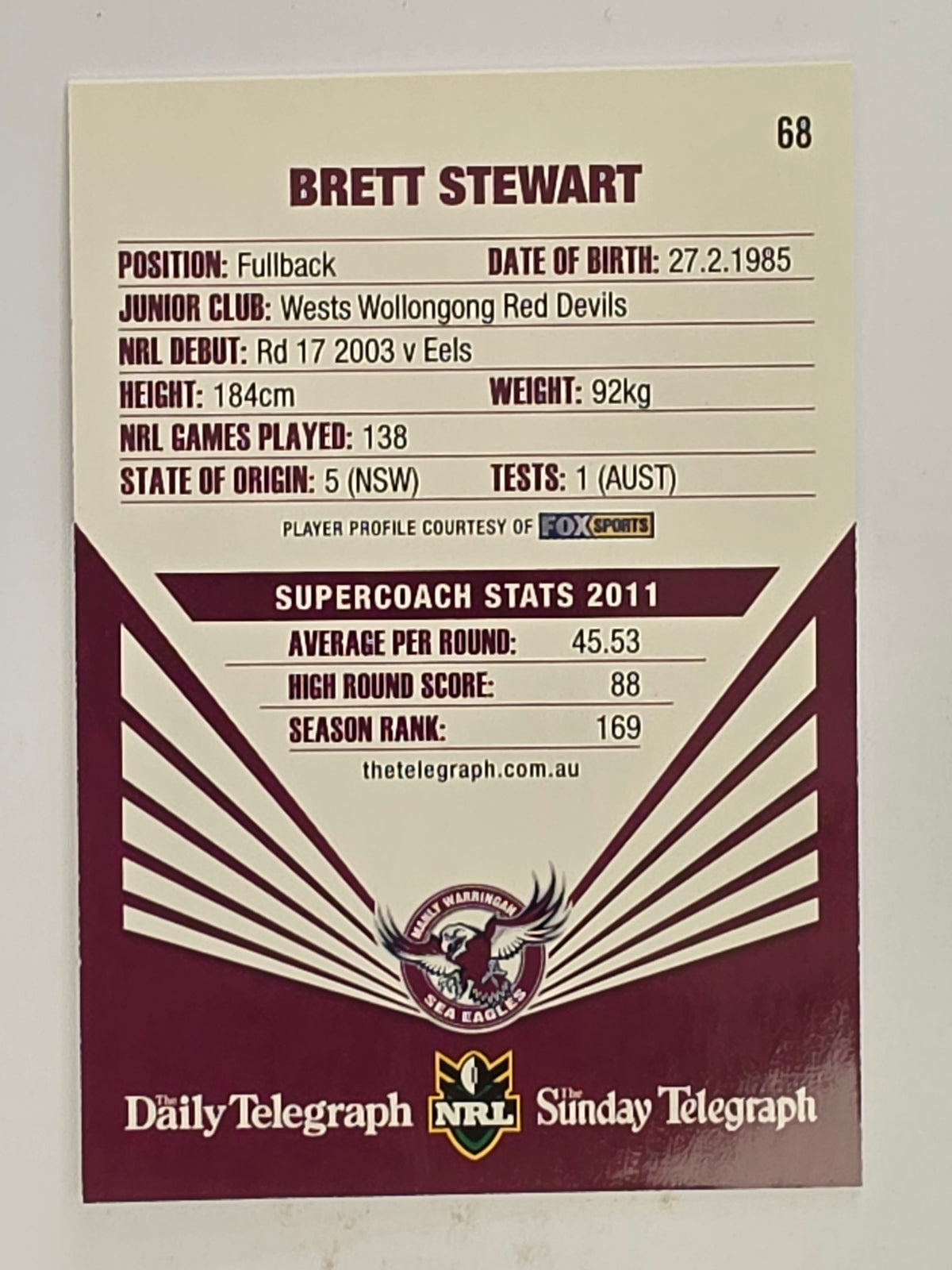 NRL 2012 Daily Telegraph | #068 Brett Stewart | Manly Warringah Sea Eagles