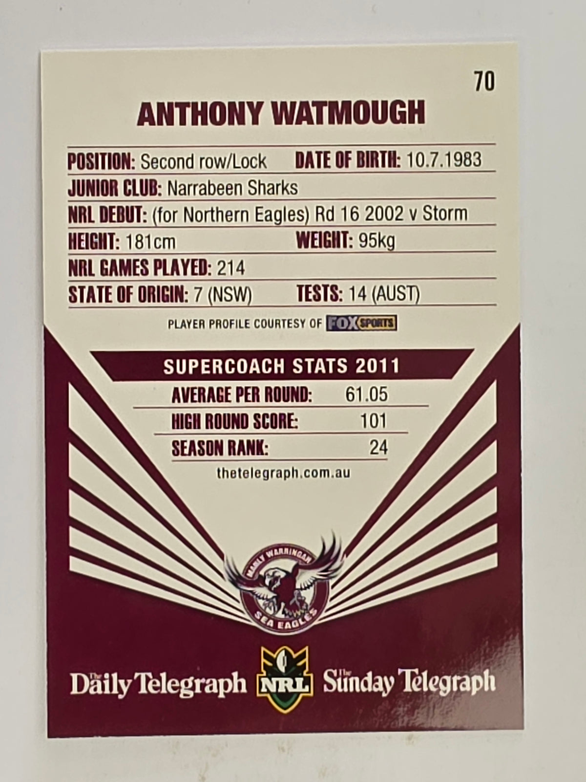 NRL 2012 Daily Telegraph | #070 Anthony Watmough | Manly Warringah Sea Eagles