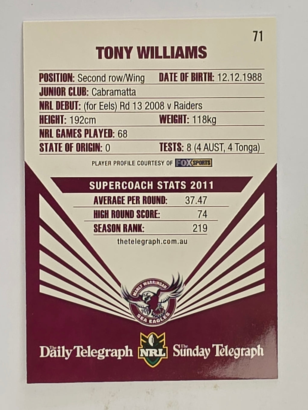 NRL 2012 Daily Telegraph | #071 Tony Williams | Manly Warringah Sea Eagles