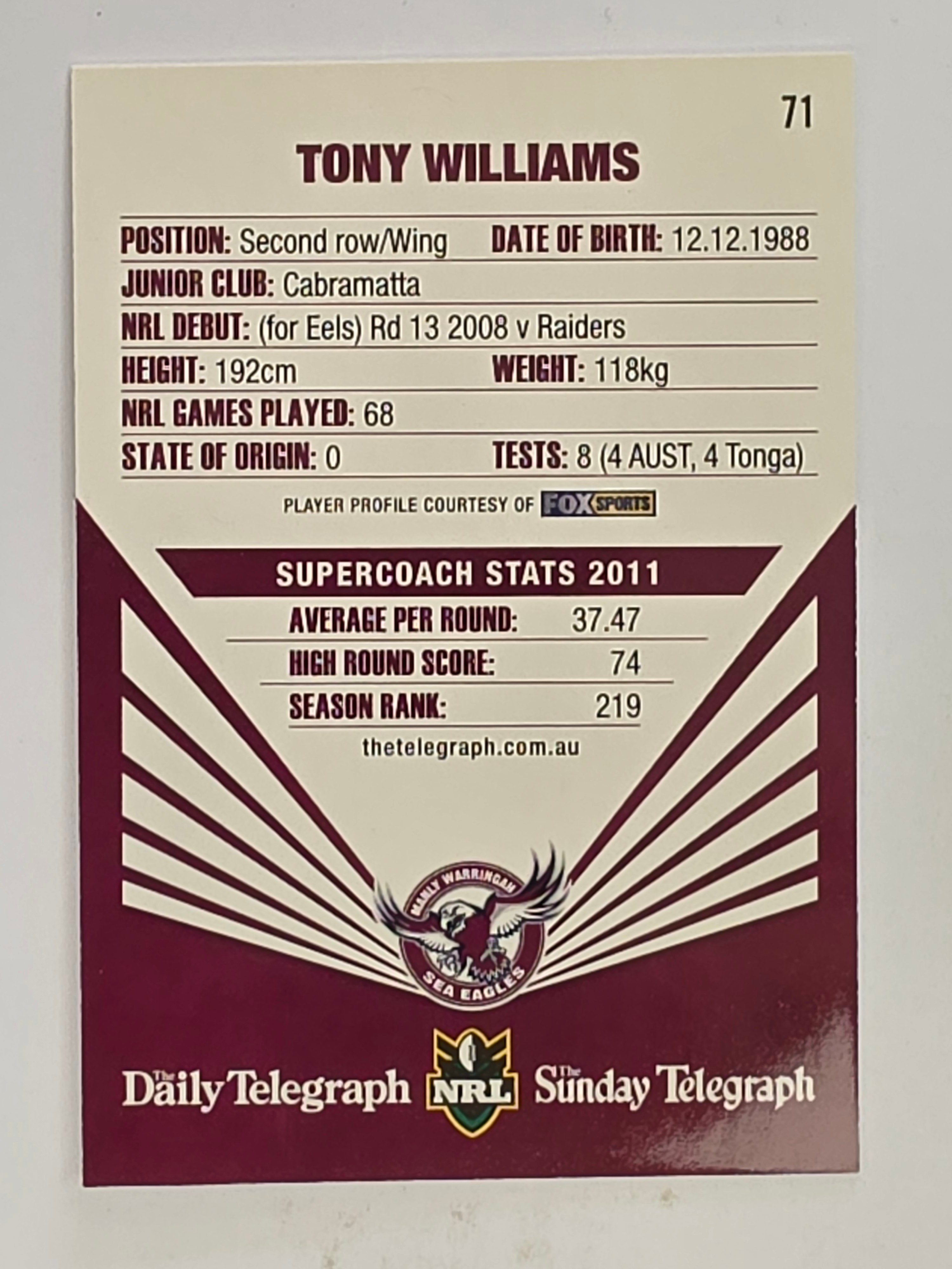 NRL 2012 Daily Telegraph | #071 Tony Williams | Manly Warringah Sea Eagles